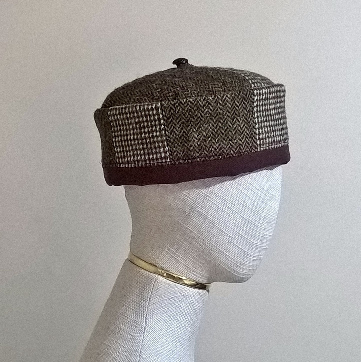 Pillbox hat in a patchwork design of mismatched Harris tweed