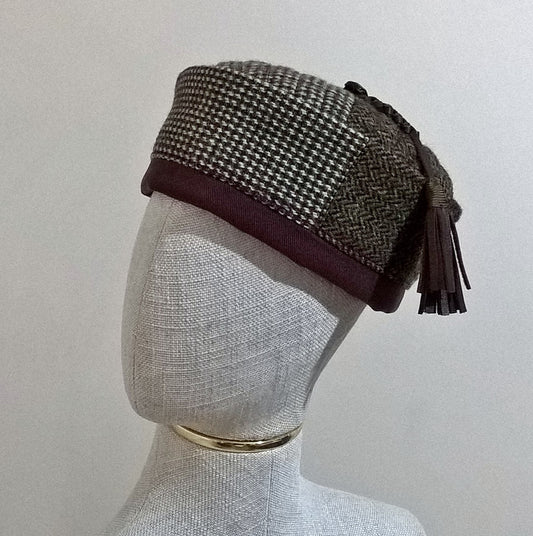 Mismatched Harris Tweed wool smoking cap  in patchwork design with leather tassel