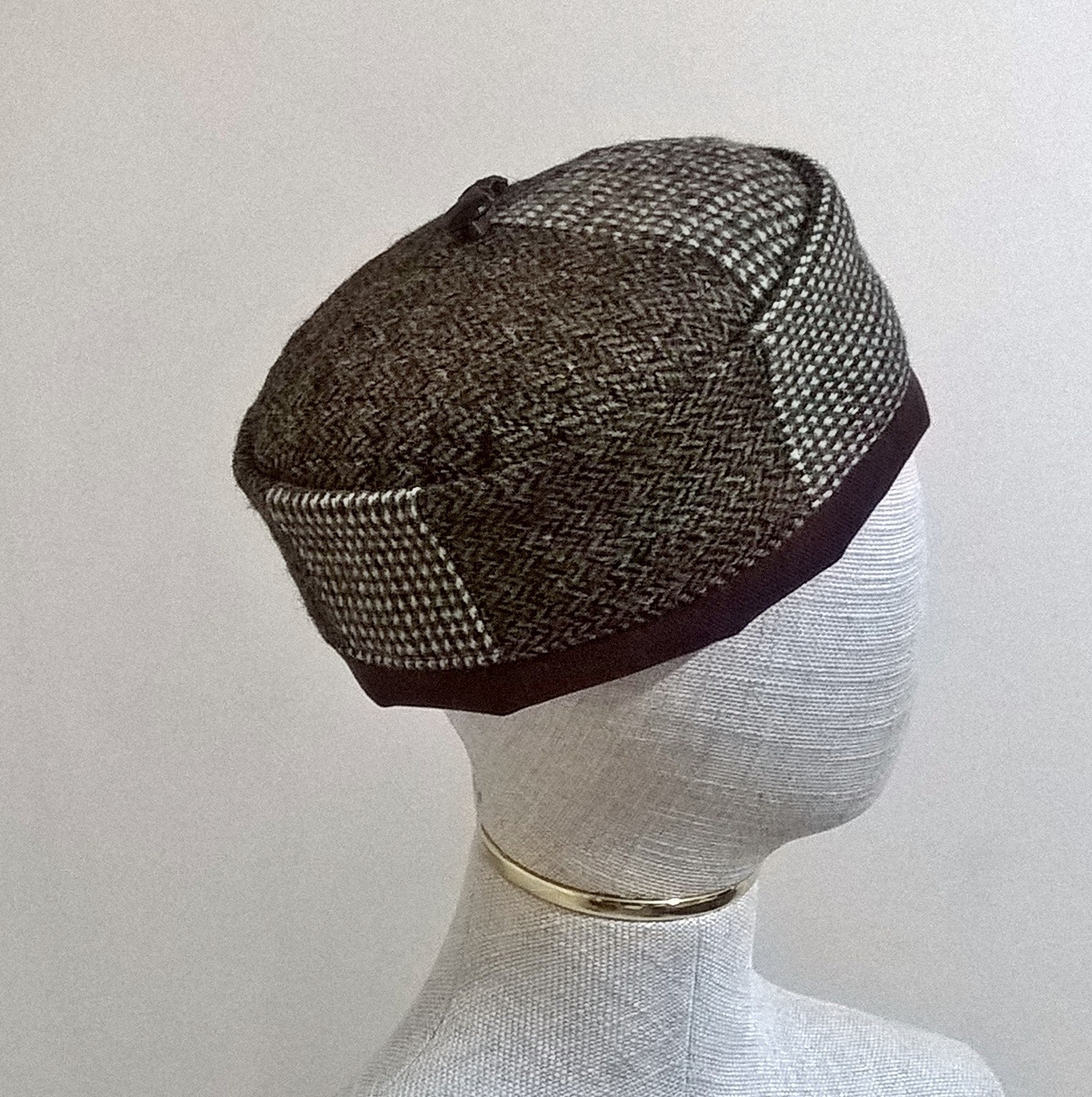 Patchwork design of Harris Tweed pillbox shaped hat