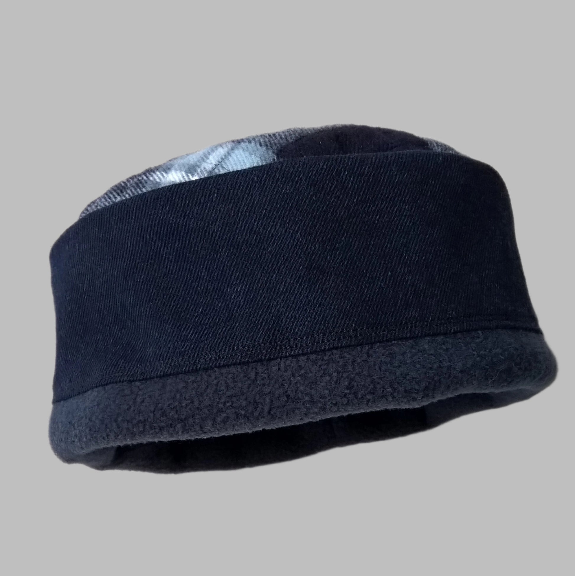 Indigo blue denim and fleece brimless cap with lumberjack check tip