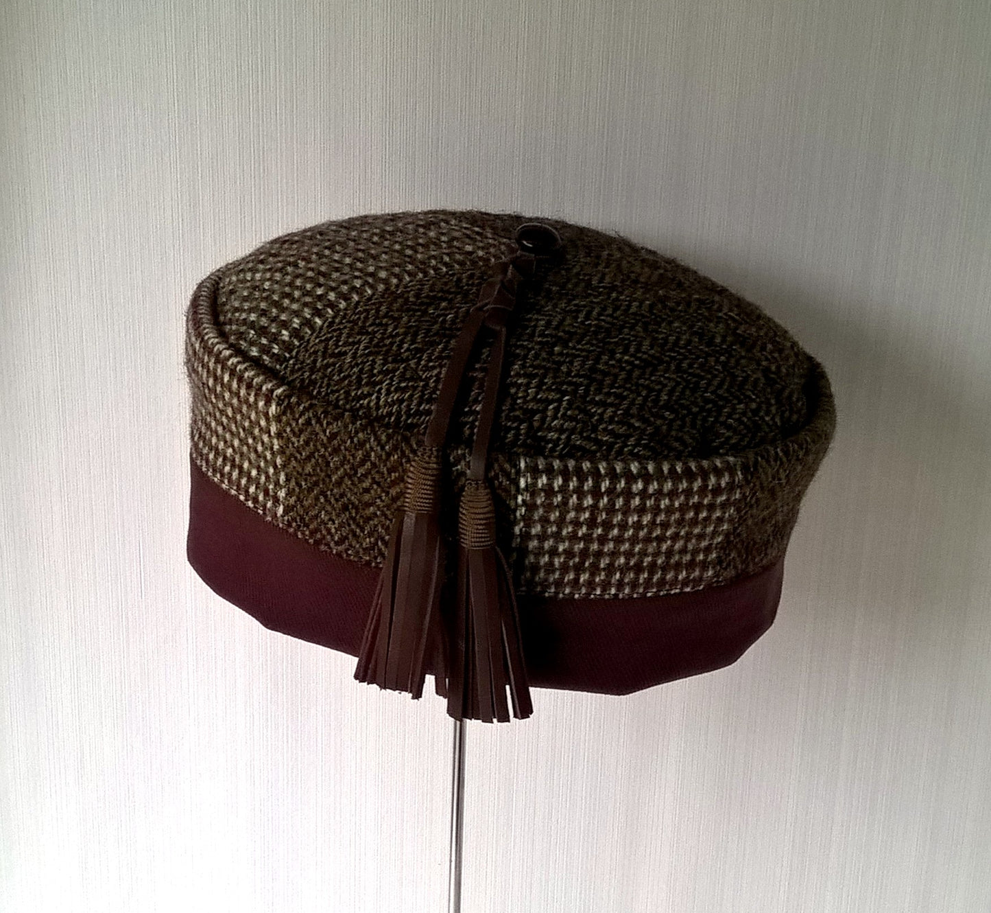 Pillbox shaped hat from Harris tweed wool complimented with brushed cotton  for comfortable wear