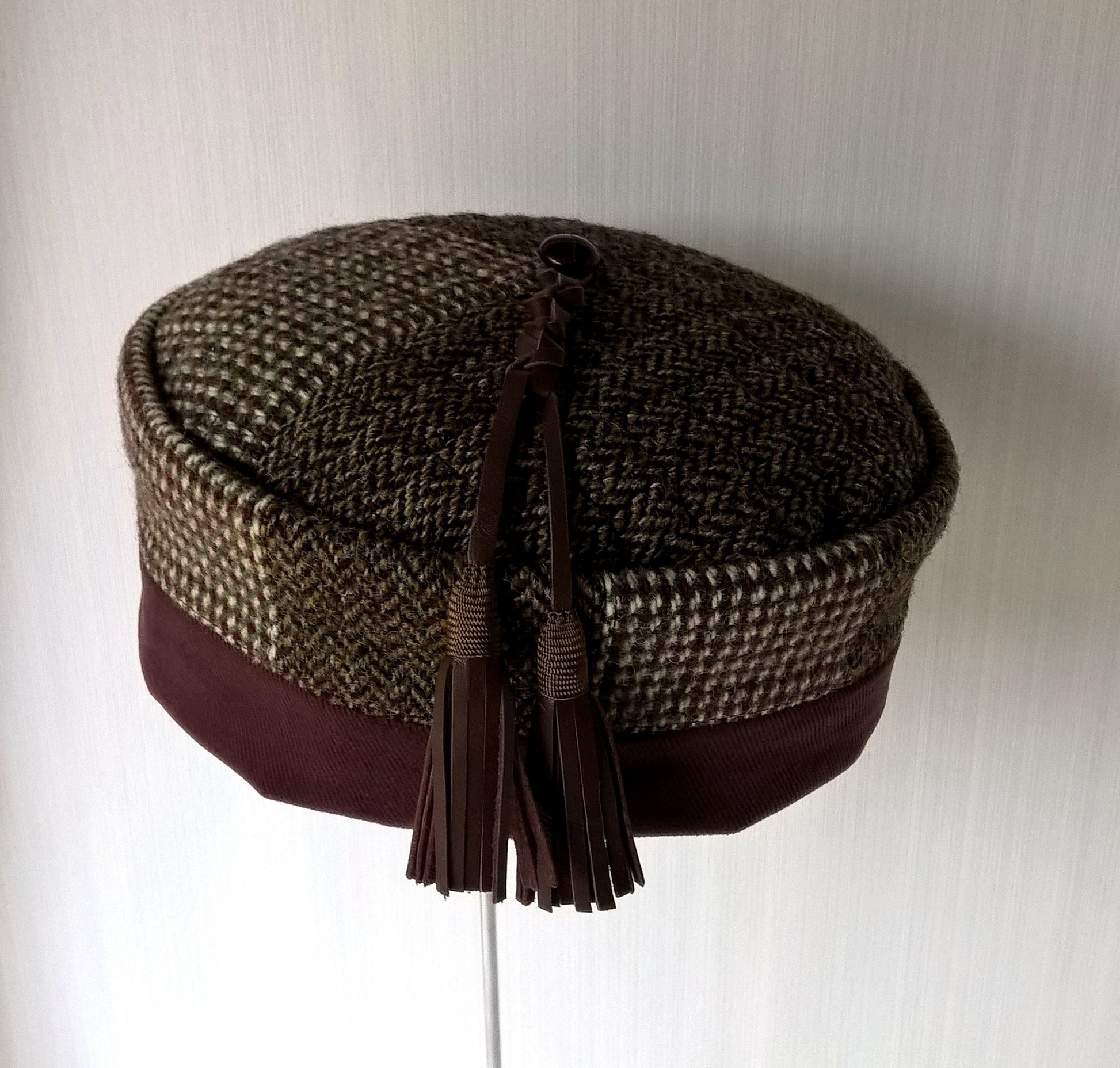 Handcrafted wool fez with mismatched Harris Tweed and removable leather tassel