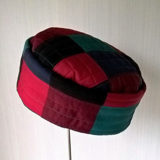 Multi Coloured Patchwork fleece lined pillbox hat