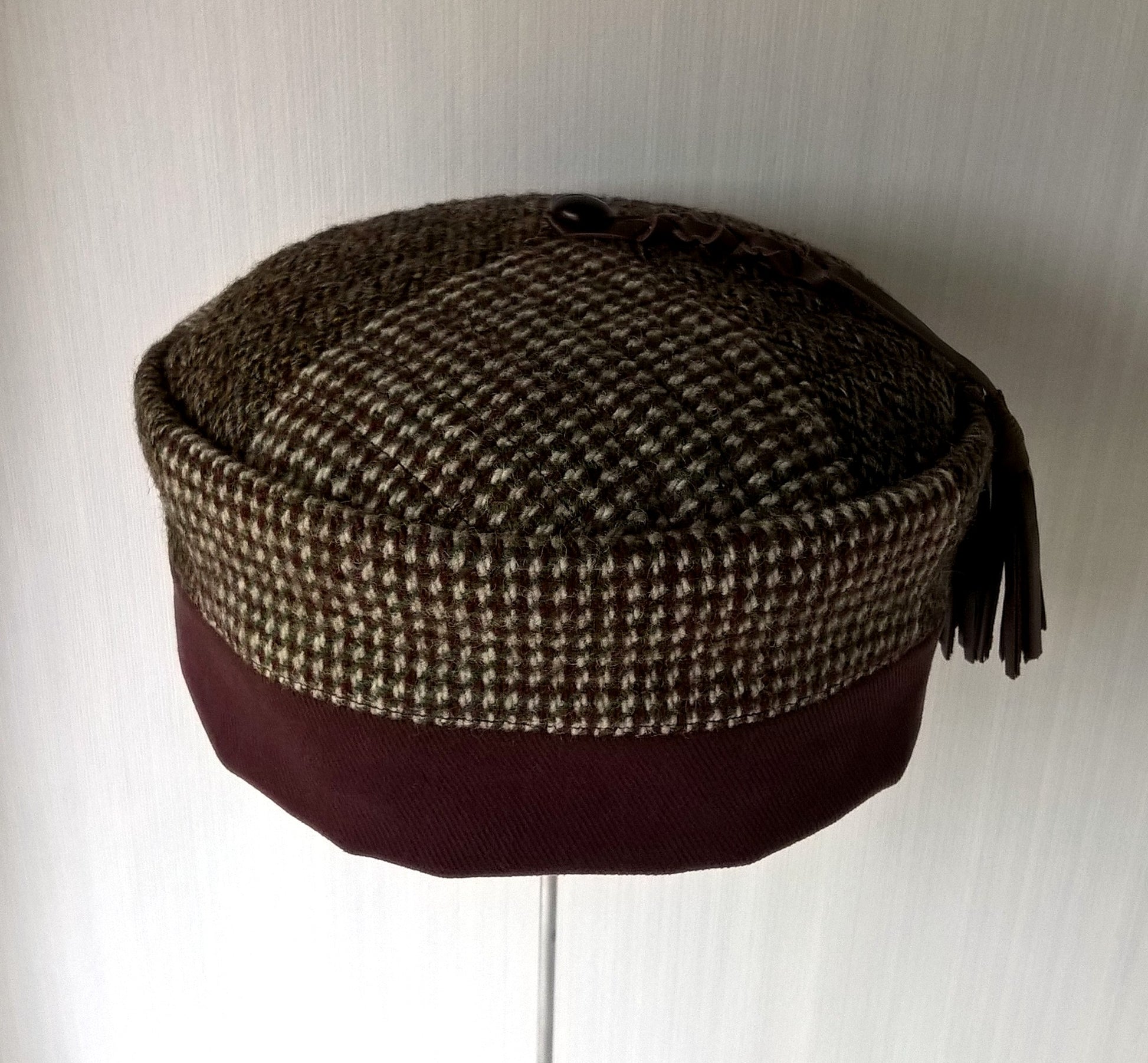 Mismatched wool tweed hat with removable handcrafted leather tassel