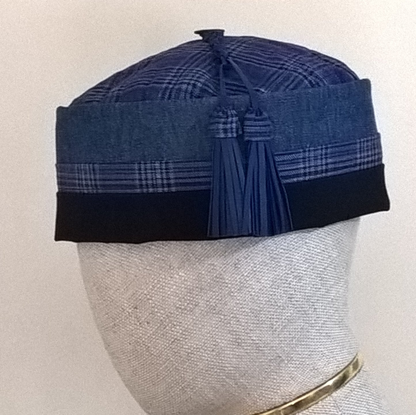 Light weight handmade smoking cap in cobalt blue and navy with removable leather tassel