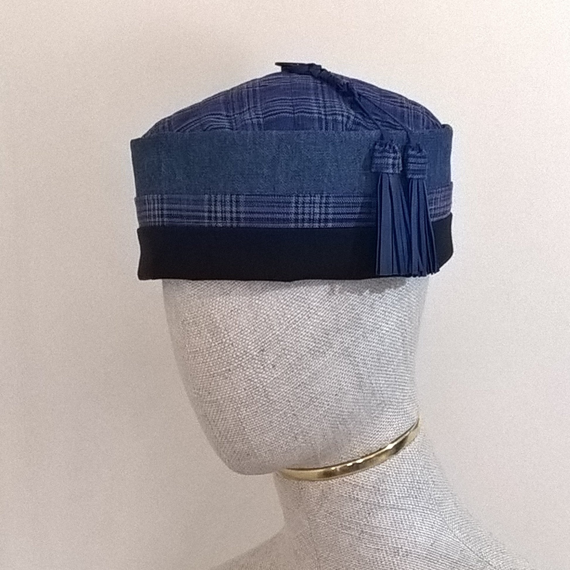 Cobalt blue Smoking Cap handmade in all natural light weight fabrics and finished with a leather tassel