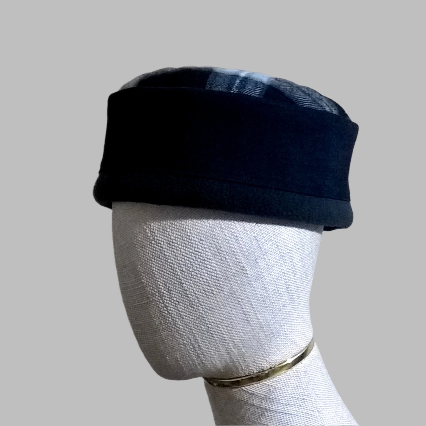 Indigo blue denim, fleece and lumberjack check brimless pillbox hat