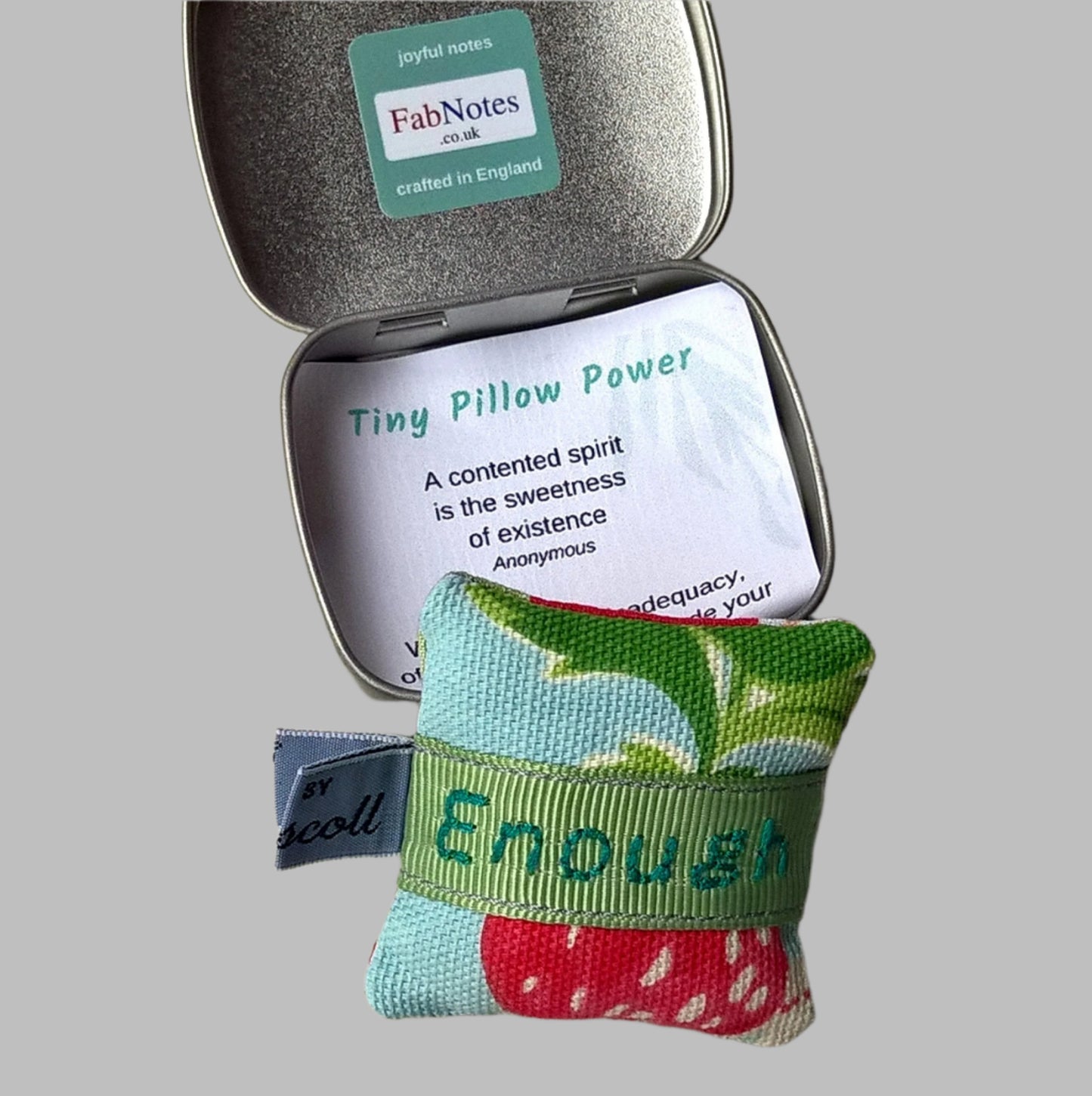 Mini lavender pillow embroidered with inspiring quote I am enough packaged in small tin