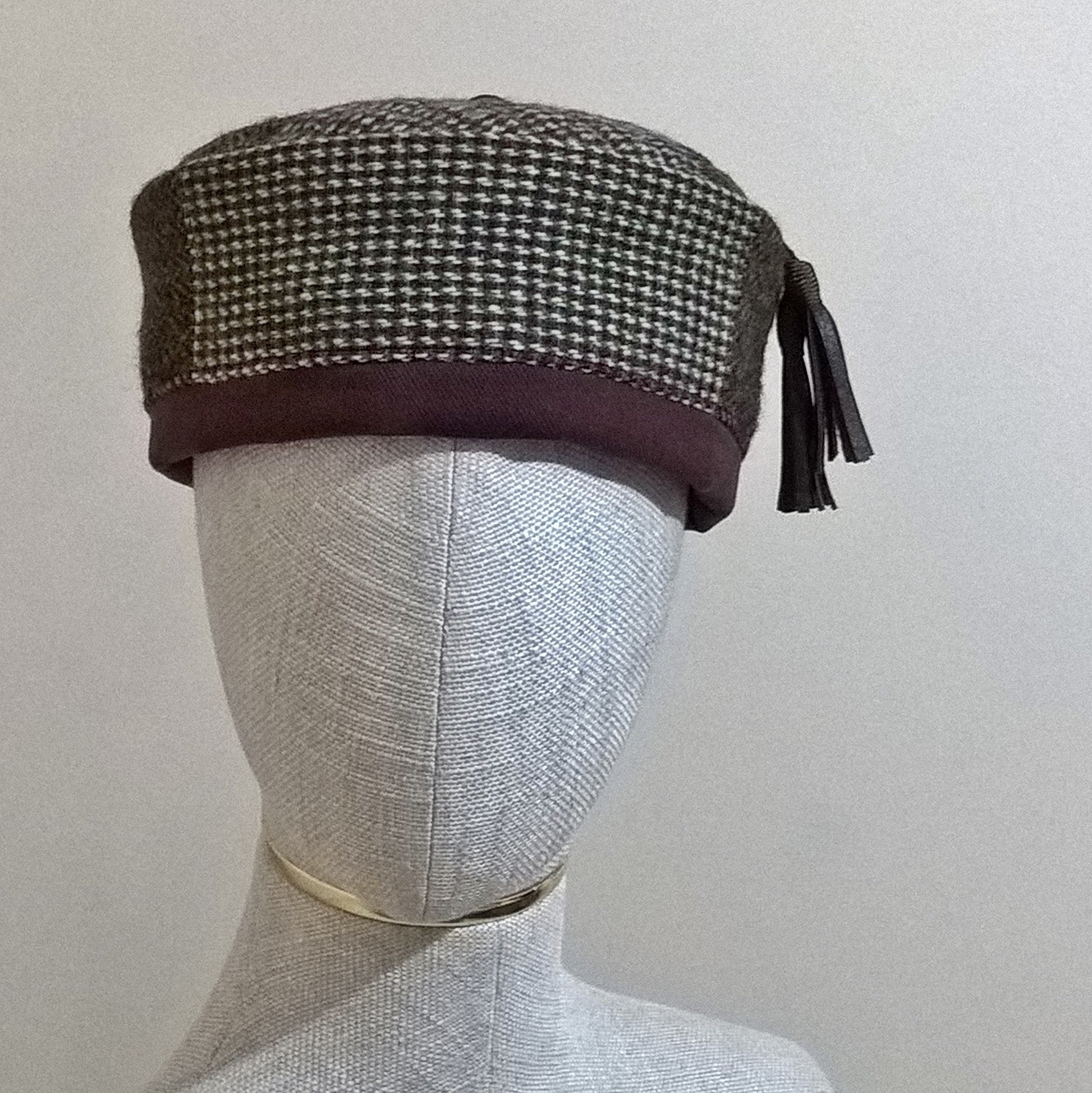 Mismatch Harris Tweed wool smoking cap handmade with leather tassel
