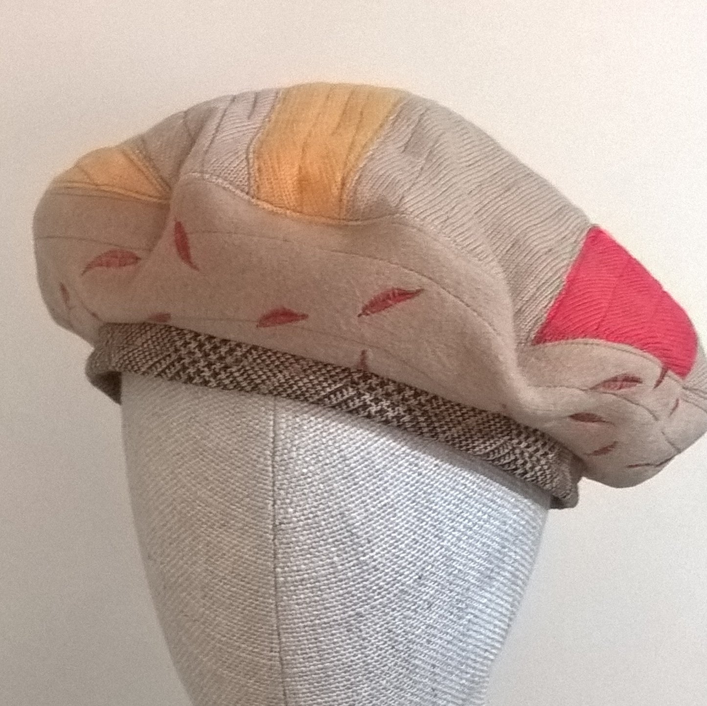 Multi coloured cashmere beret handmade from upcycled sweaters and coat