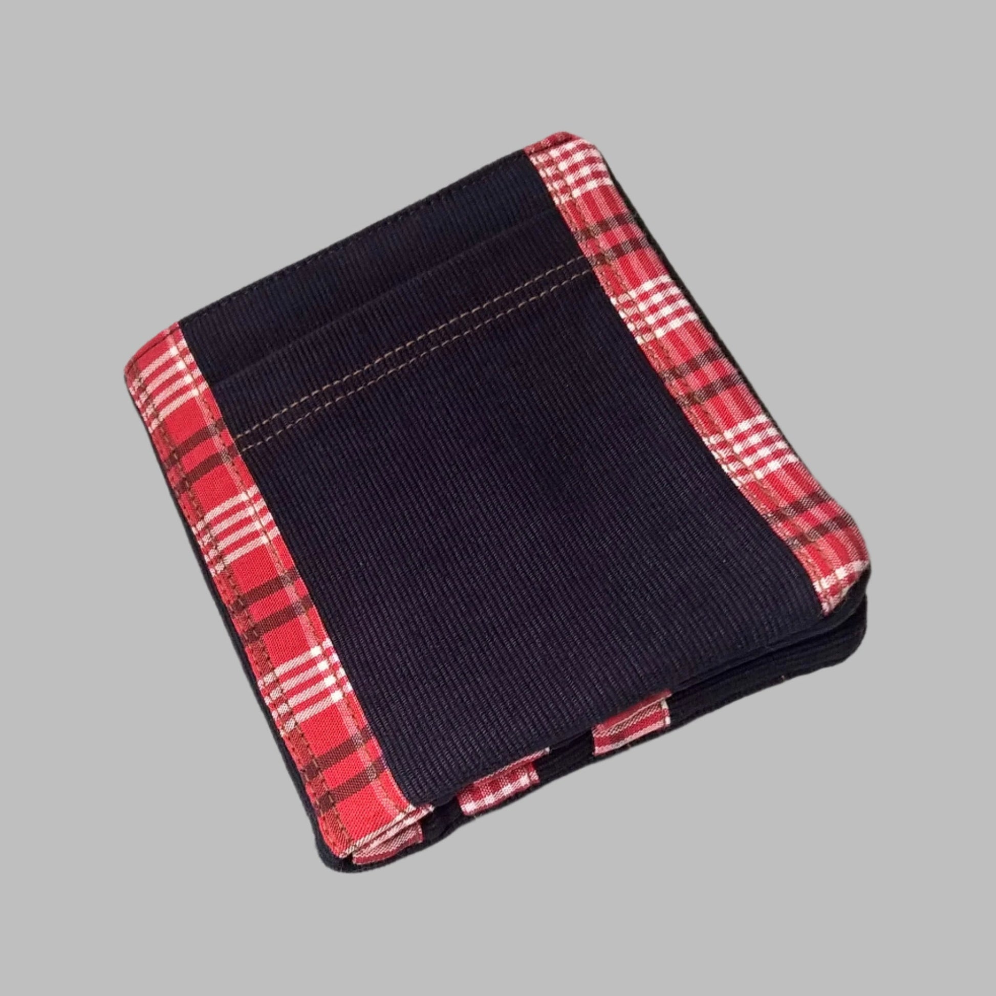 Billfold wallet handmade in navy corduroy with red check trim