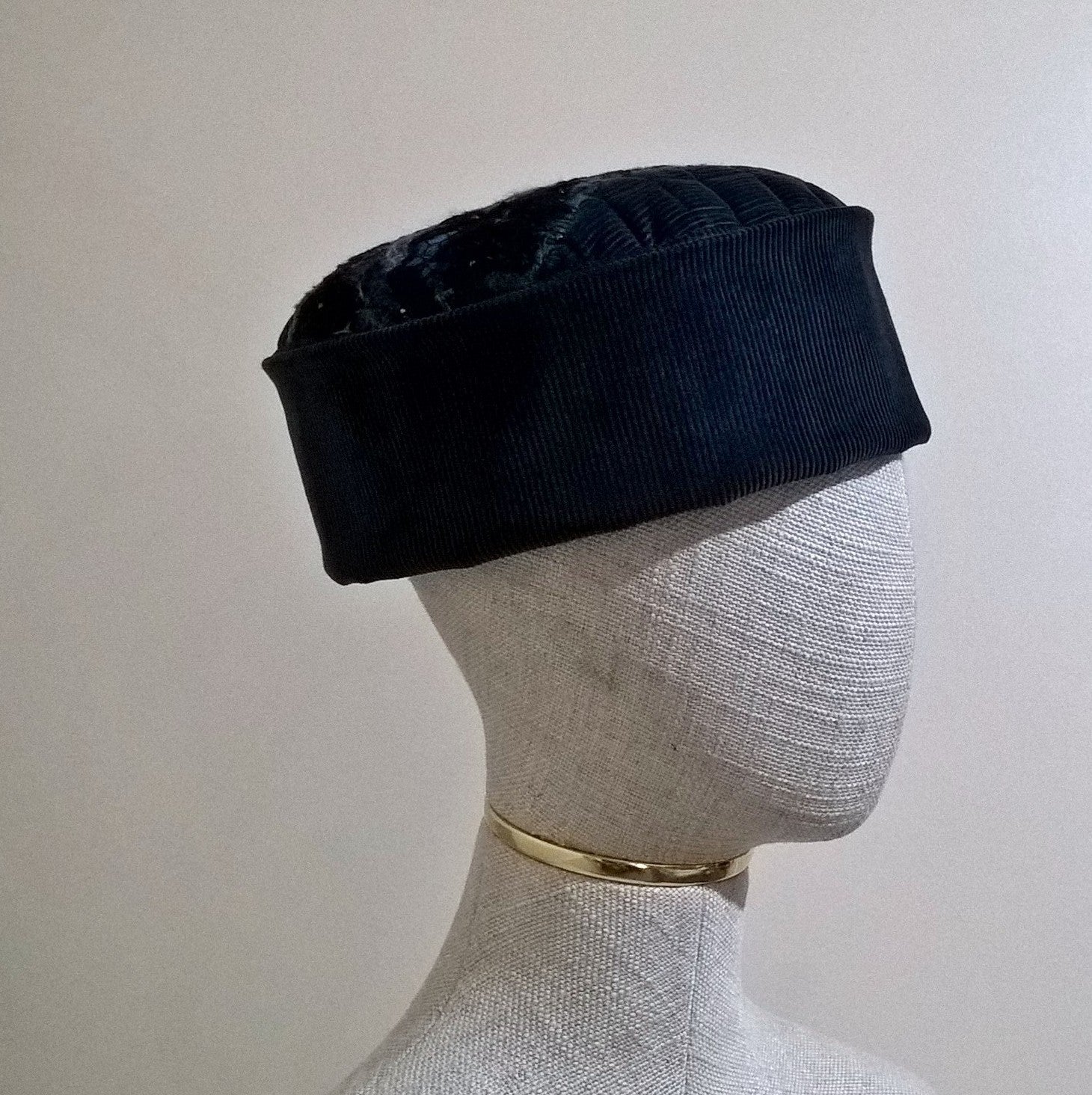 Brimless skull cap handmade in cyan blue corduroy and embellished with nuno felting
