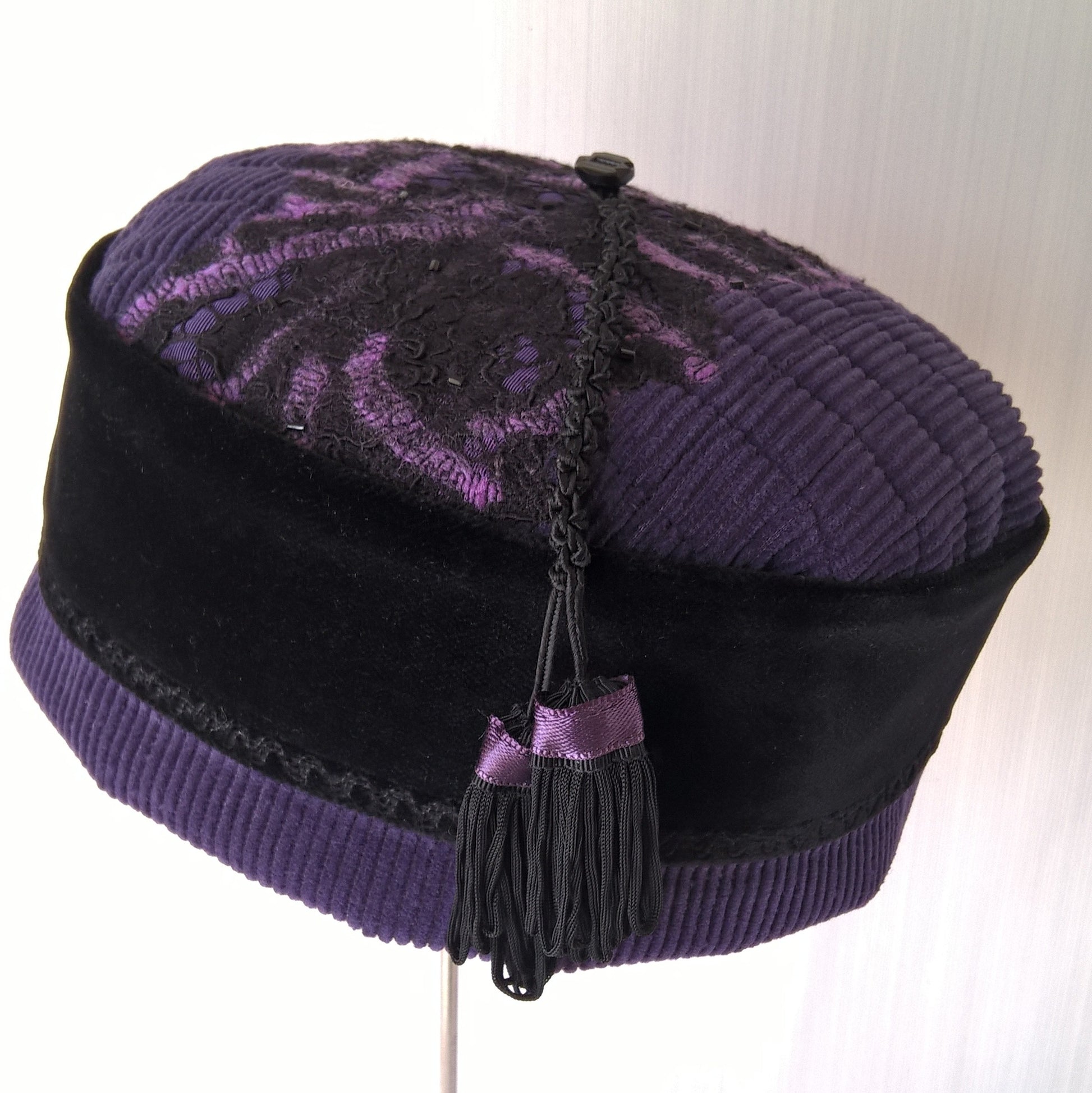 Corduroy and velvet smoking cap with nuno felted tip and macrame tassel
