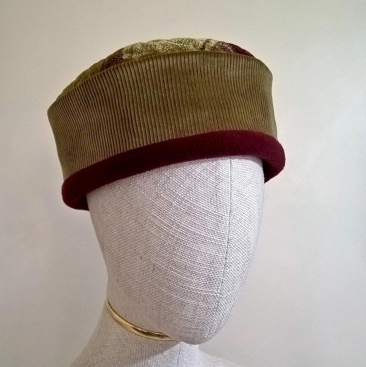 Check Chenille Pillbox Hat handmade in olive green corduroy  with  burgundy fleece lining