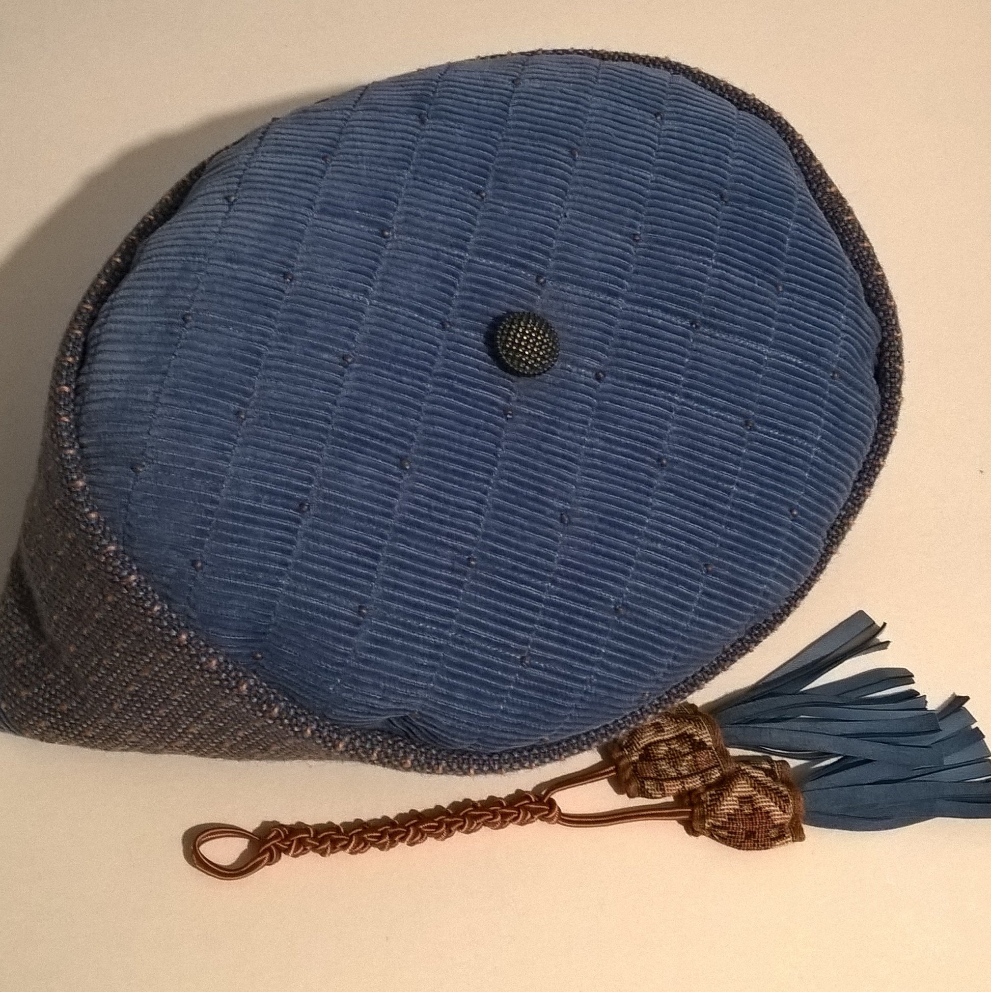 Blue corduroy smoking cap with removable tassel
