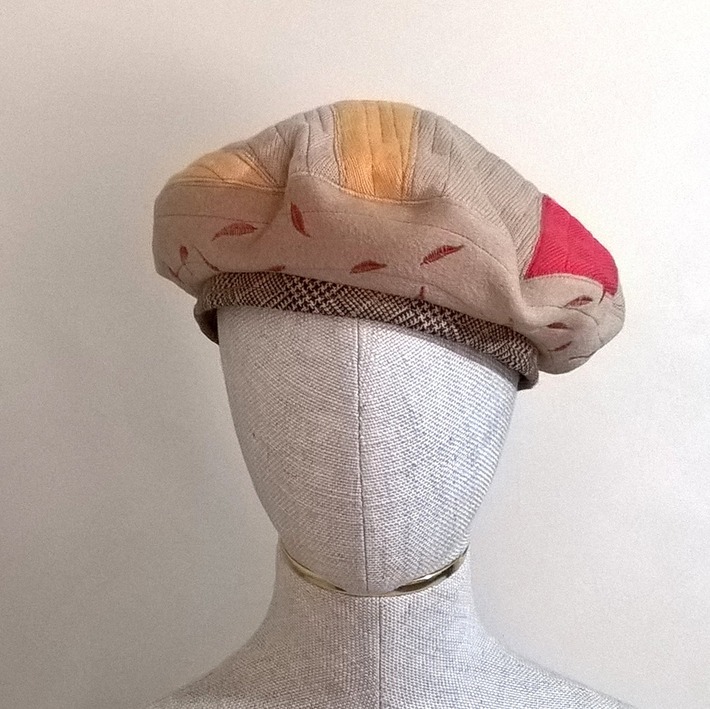 Embroidered patchwork beret handmade from upcycled cashmere and wool