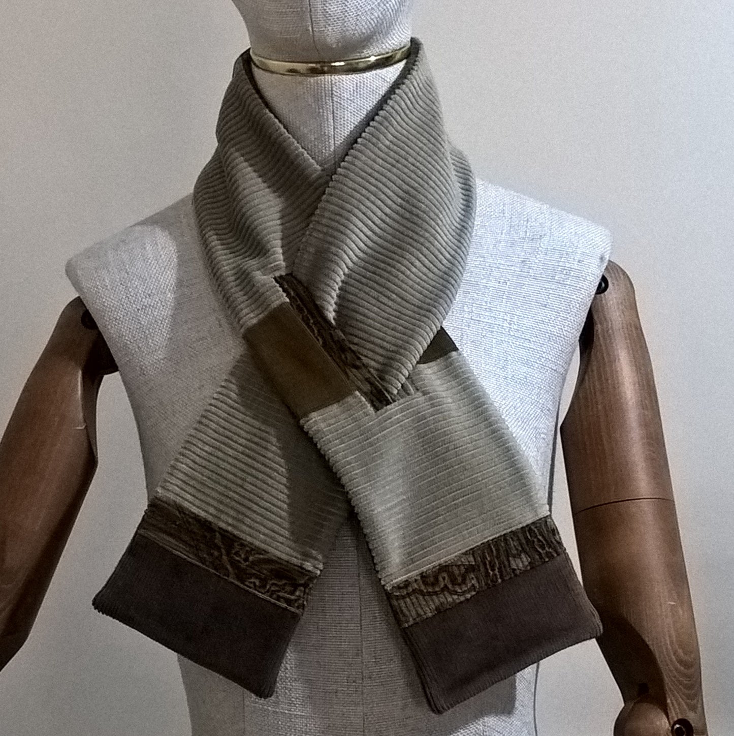 Pull through patchwork scarf handmade in various plain and patterned corduroys of stone and brown shades