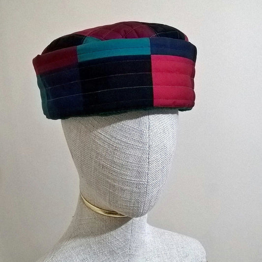 Multi coloured patchwork fleece lined pillbox hat