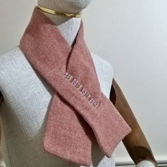 Pink Harris Tweed wool and denim scarf cravat handmade with keyhole closure 