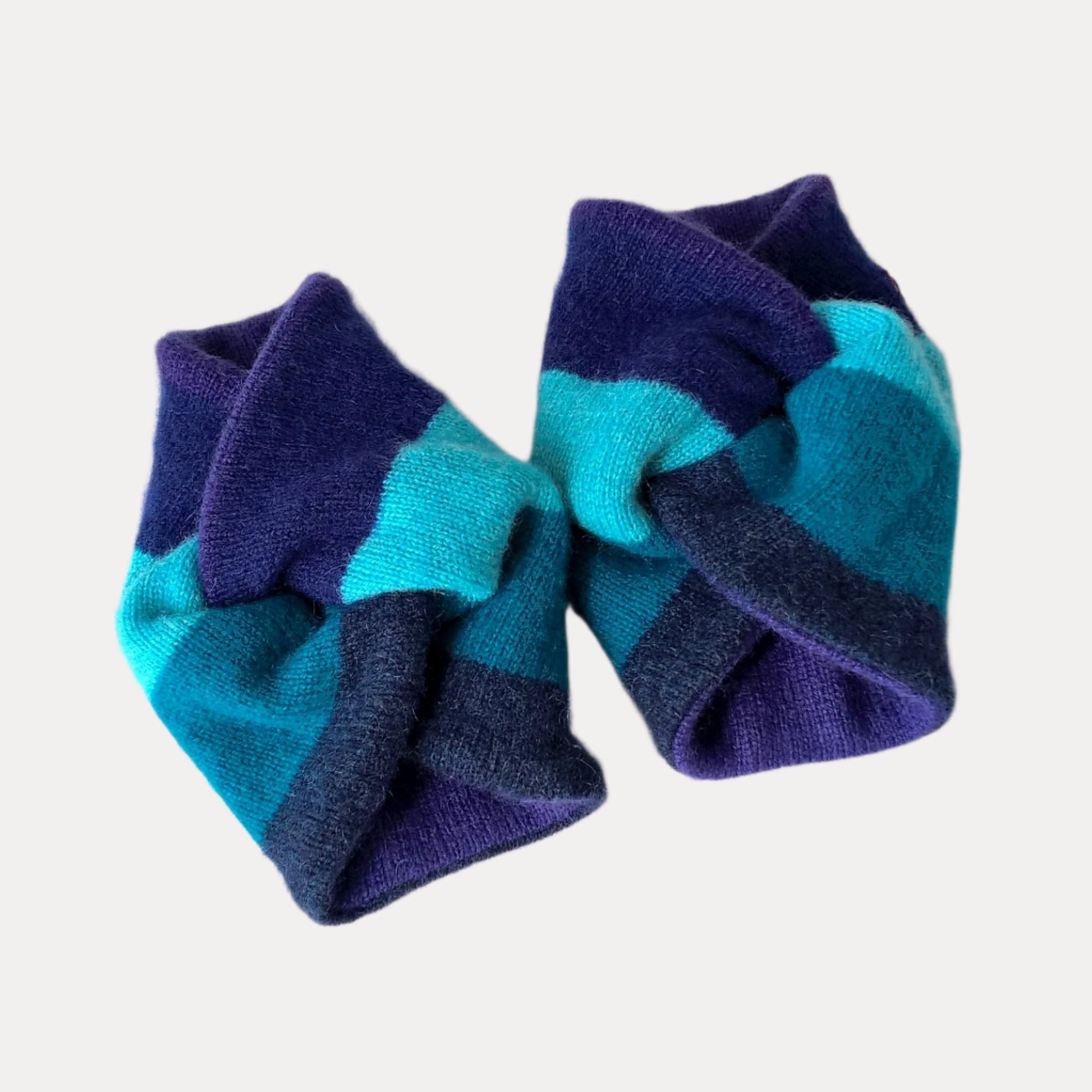 Pure cashmere pulse point wrist warmers, double thickness in green and navy stripes