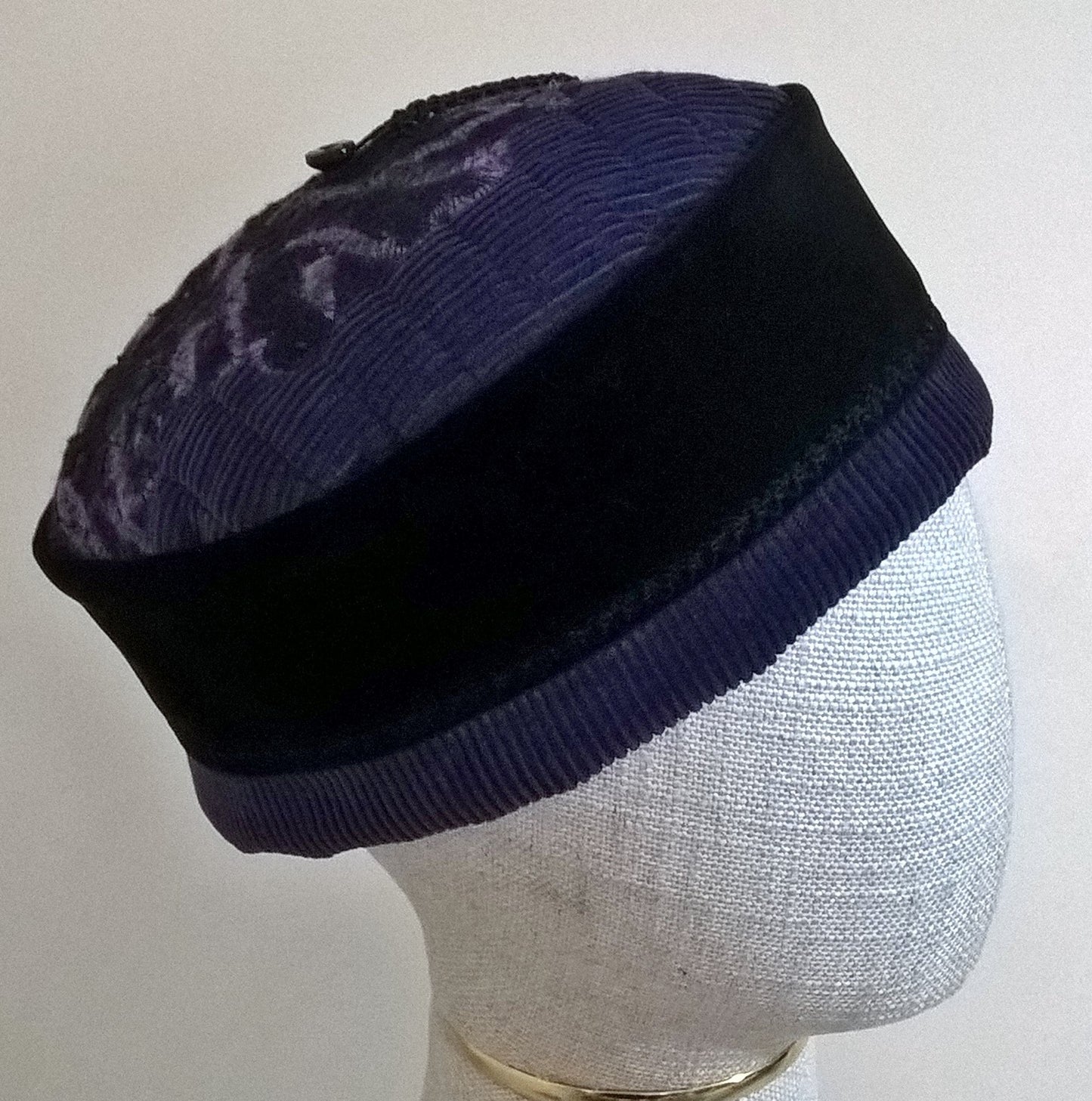 Original design smoking cap incorporating corduroy, velvet, needle felted wool and machine embroidery