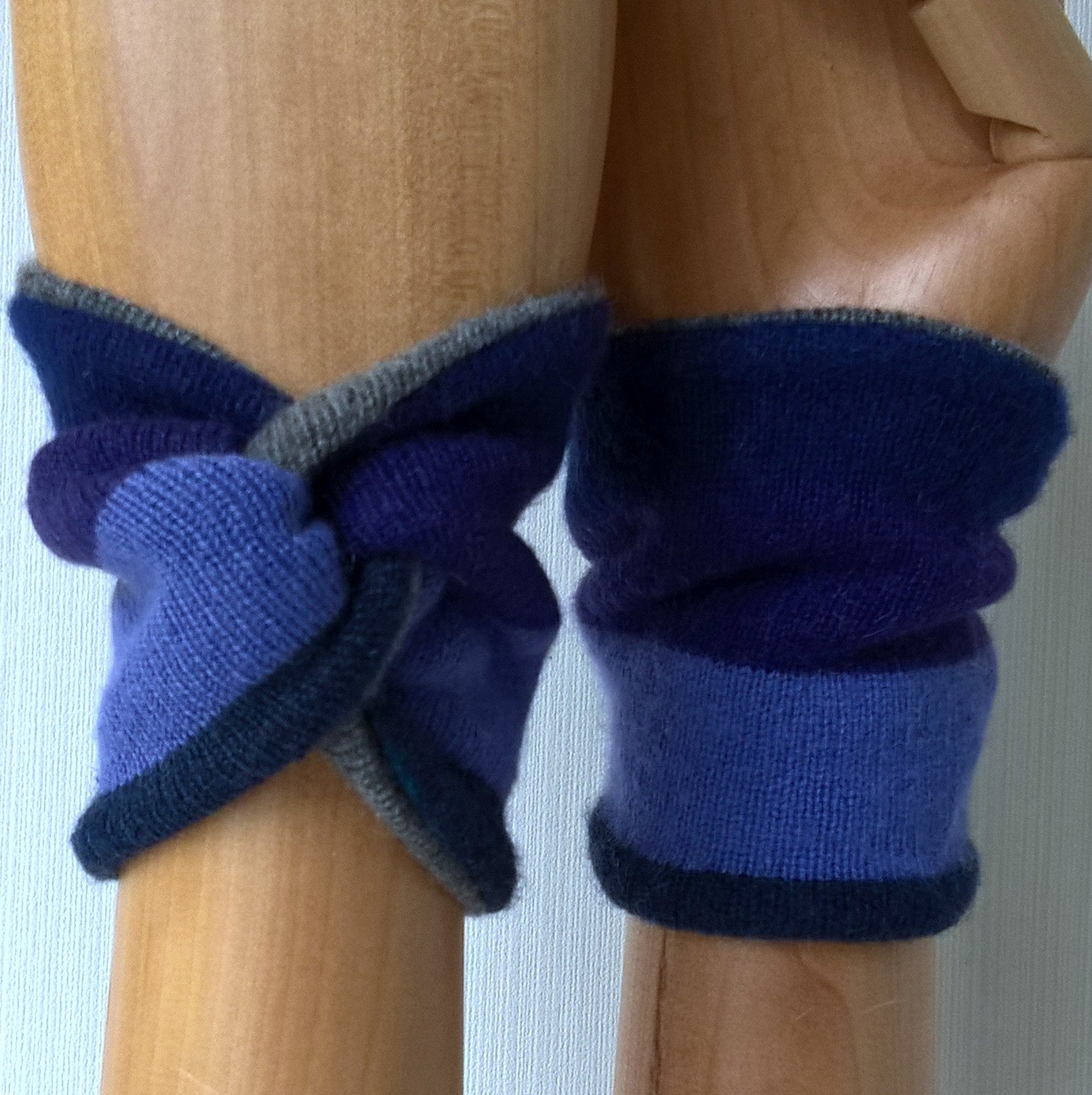 Handmade purple stripe cashmere wrist warmers lined with grey cashmere