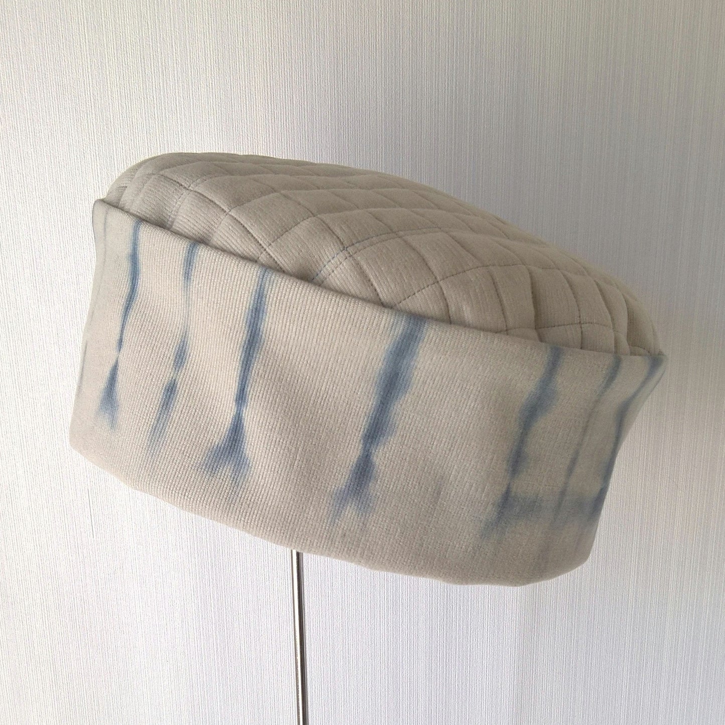 Putty coloured bedford cord cap with blue shibori tie dye crown