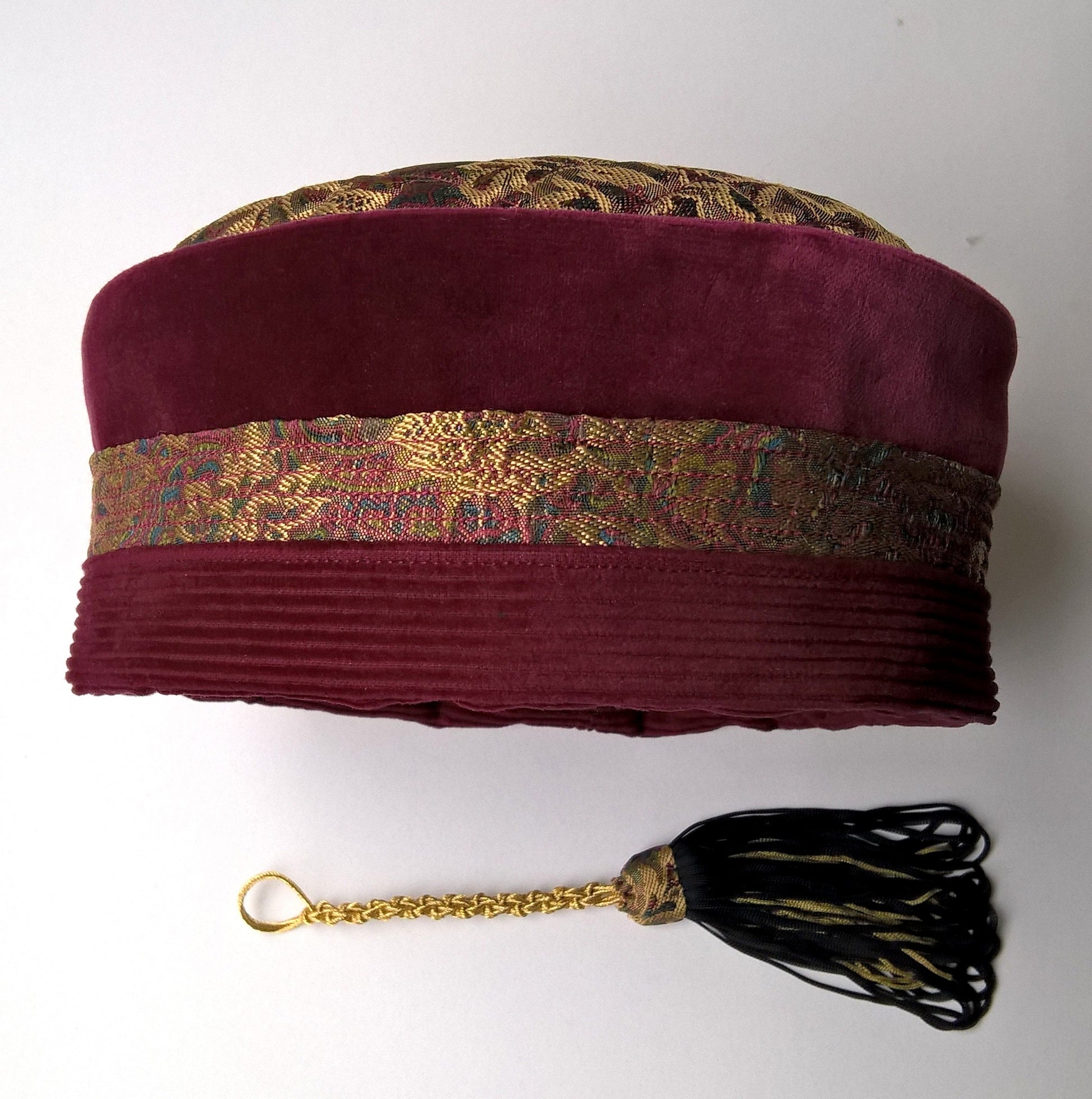 Gold brocade, red velvet and burgundy corduroy smoking cap handmade with removable macrame tassel