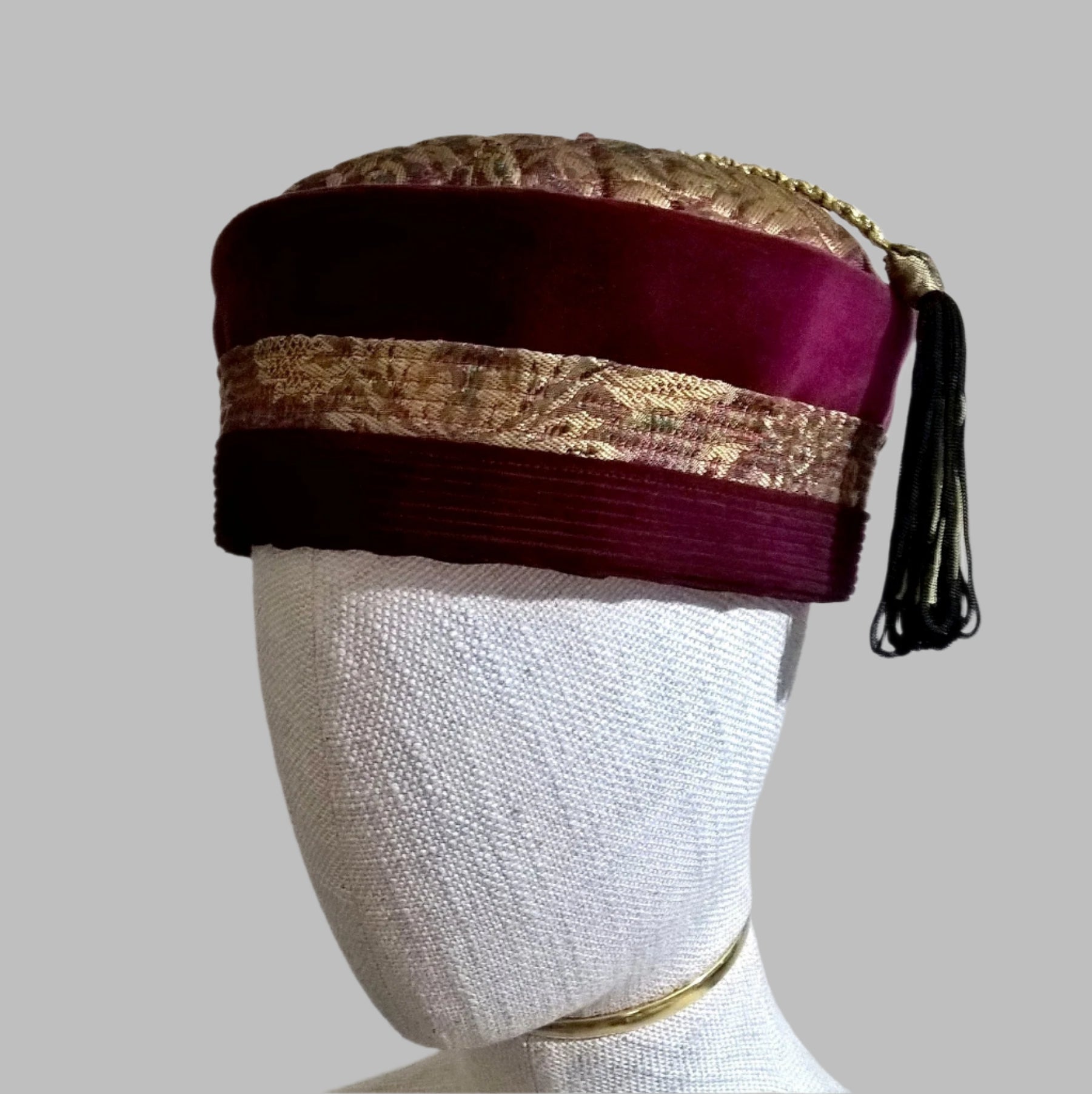 Handmade pillbox thinking cap in gold brocade, red velvet and burgundy corduroy