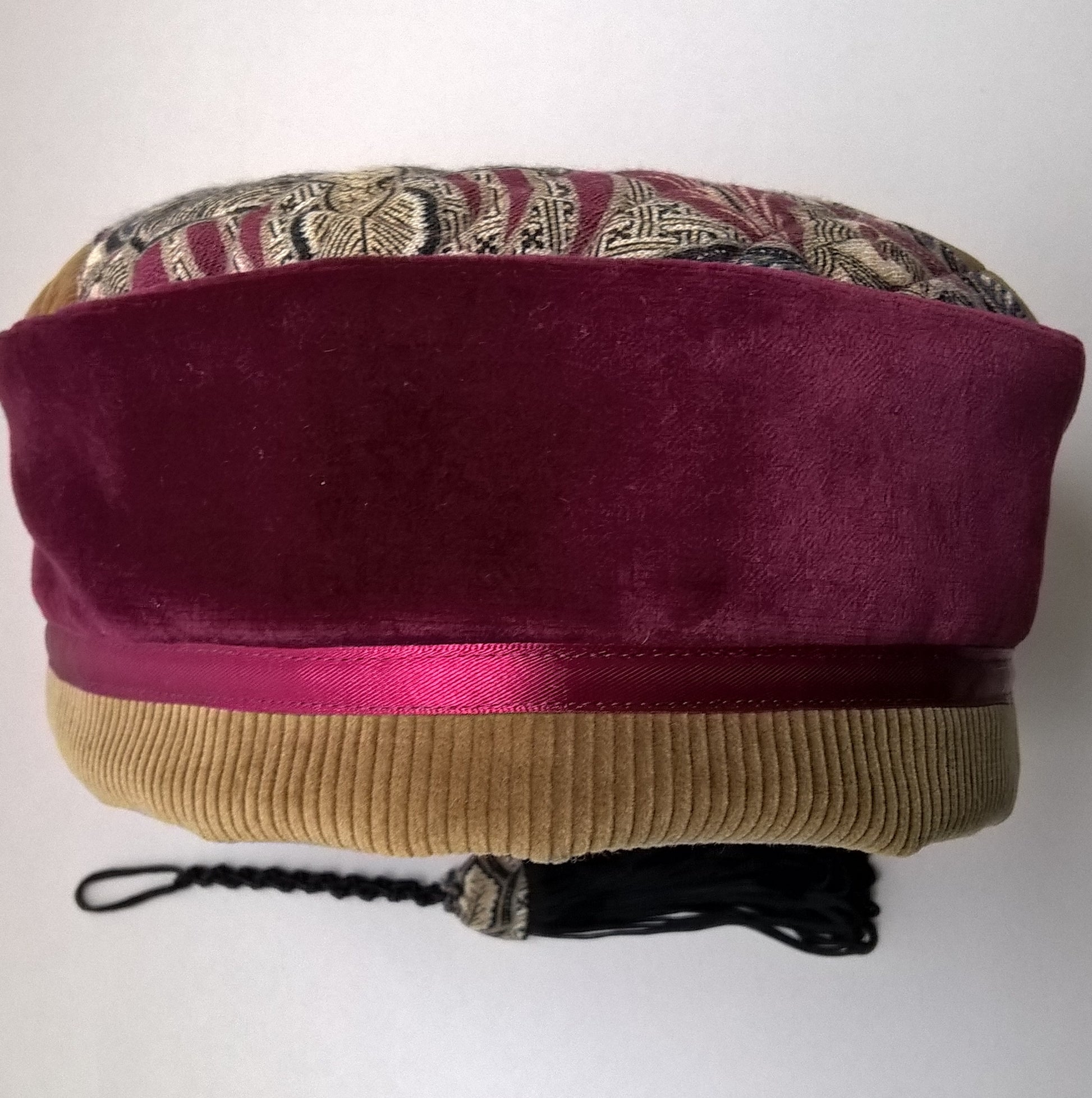 Paisley smoking cap handmade with burgundy velvet crown, trimmed with satin ribbon, edged with olive brown corduroy and finished with removable macrame tassel