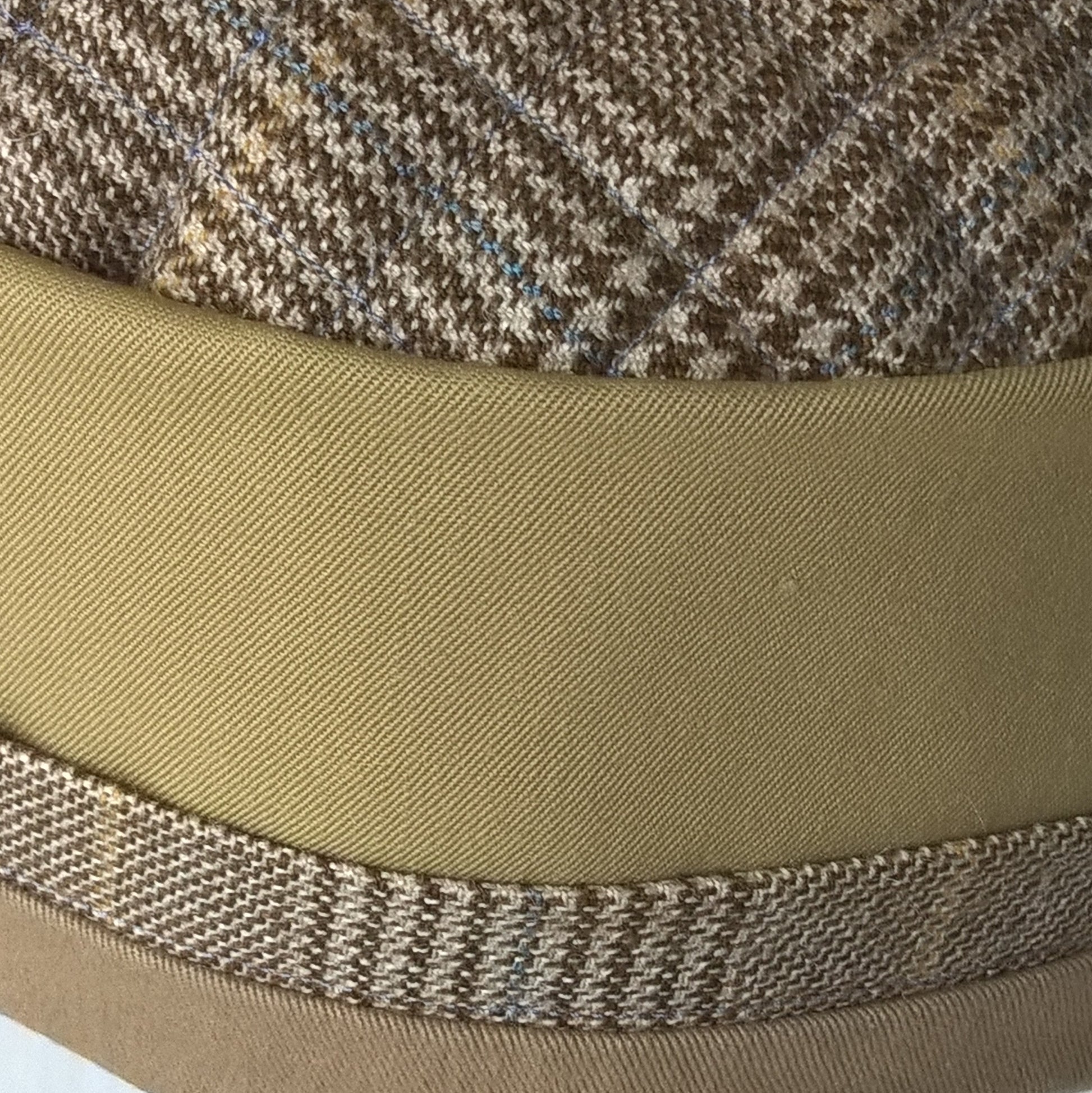 Breathable wool and cotton smoking cap in tweed, mustard, and taupe