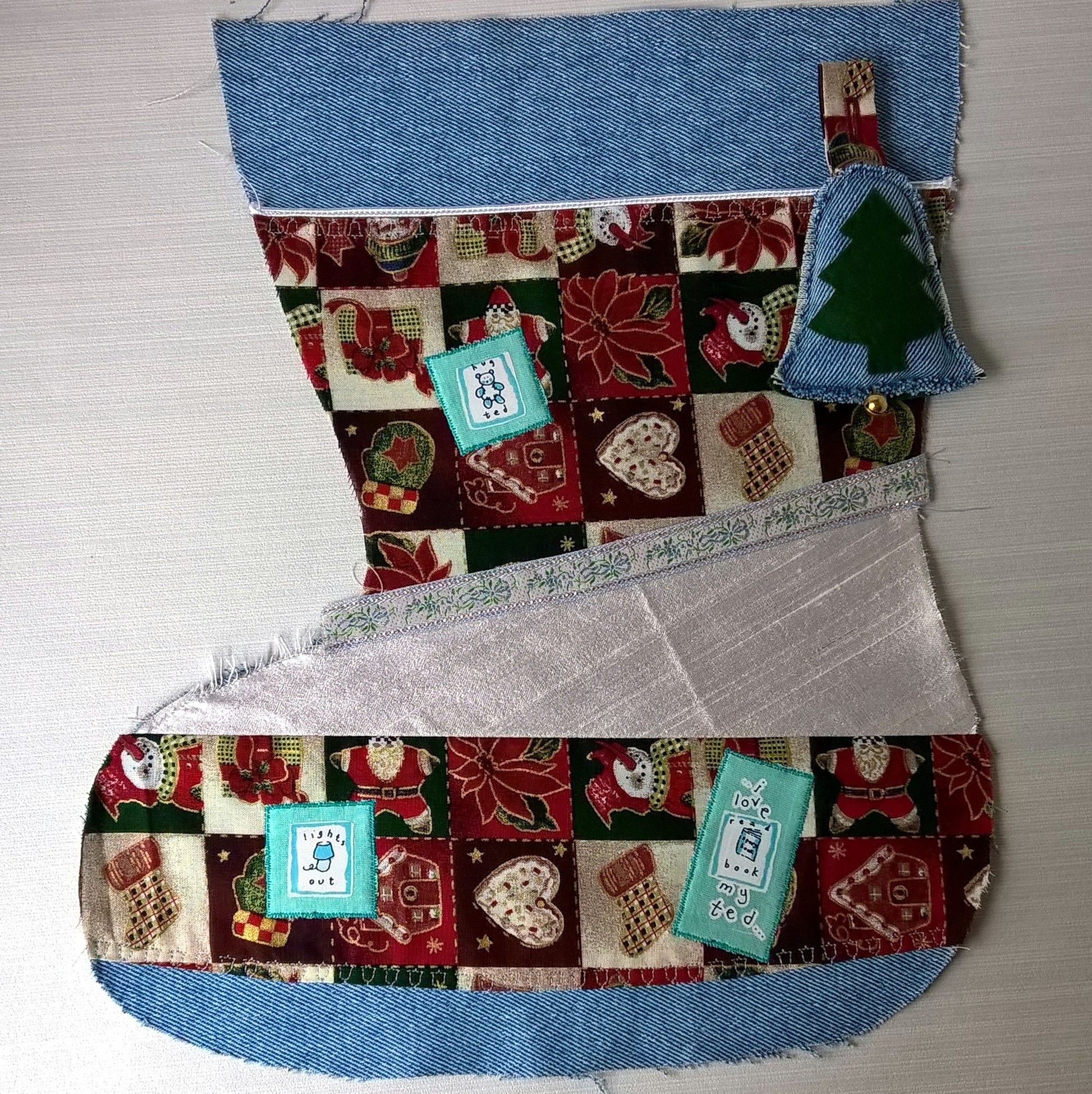 Stonewash Christmas stocking with teddy motifs