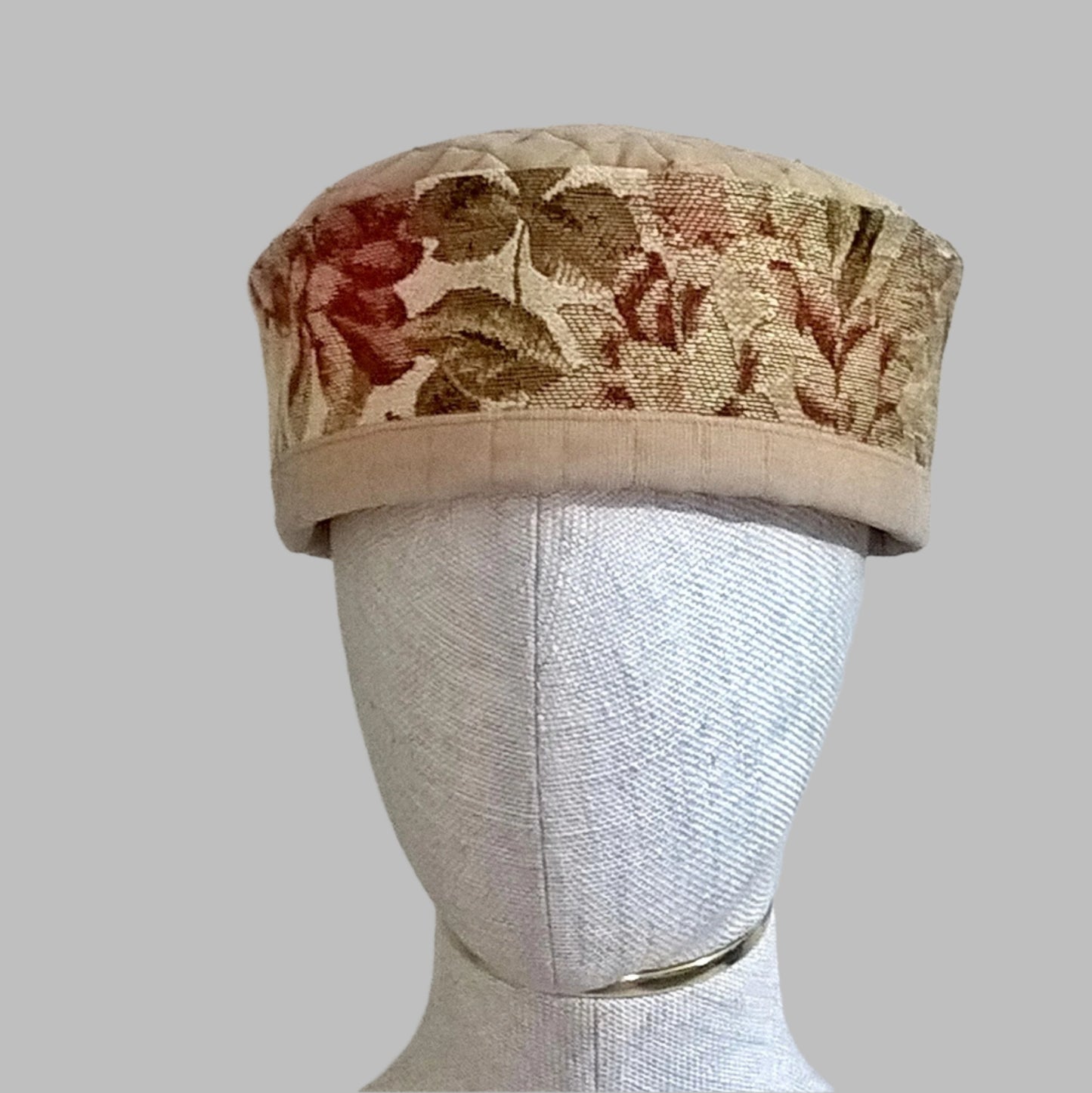 Tapestry Pillbox Cap with quilted and beaded tip