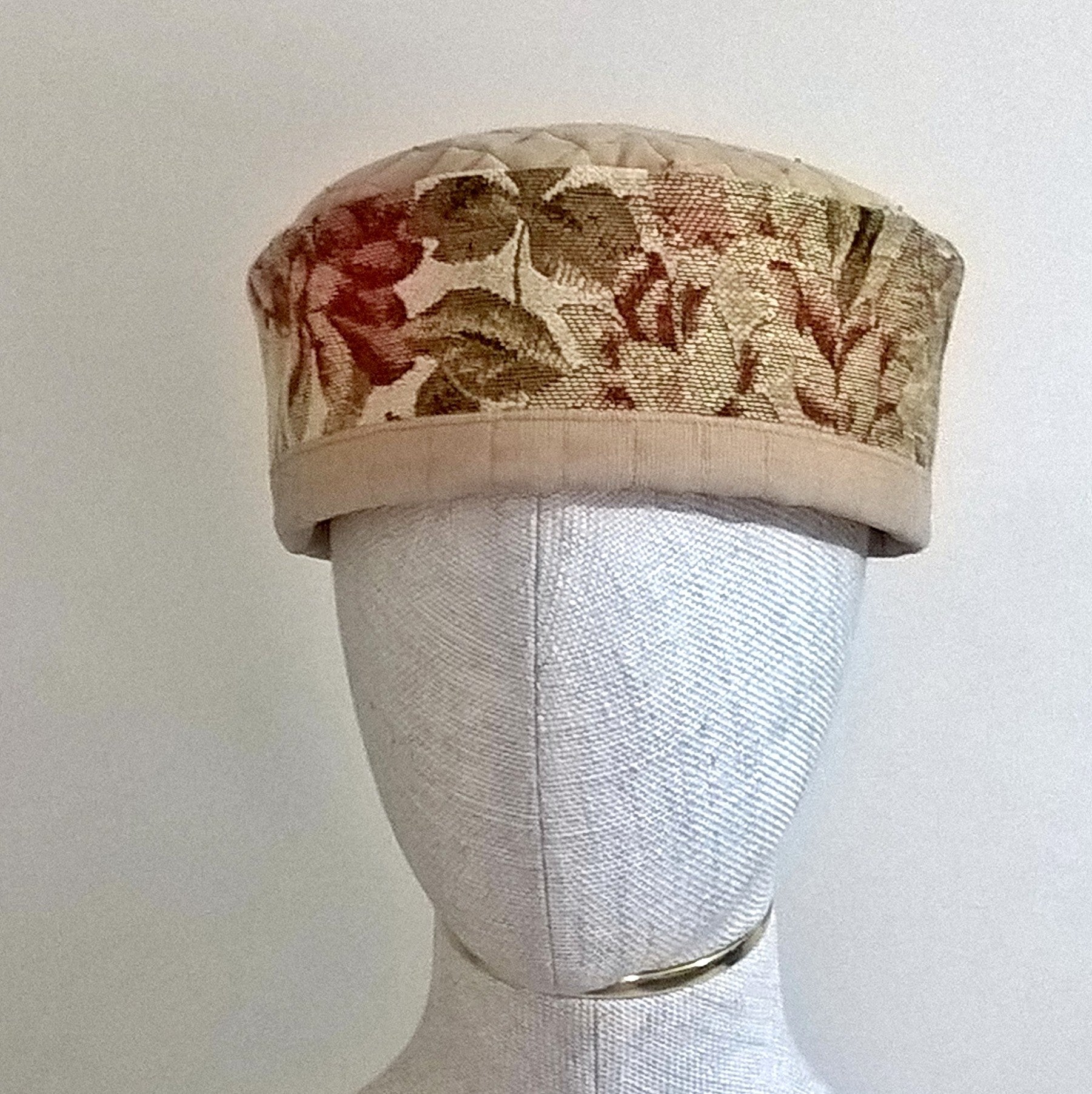 Floral tapestry pillbox shaped smoking cap quilted and beaded