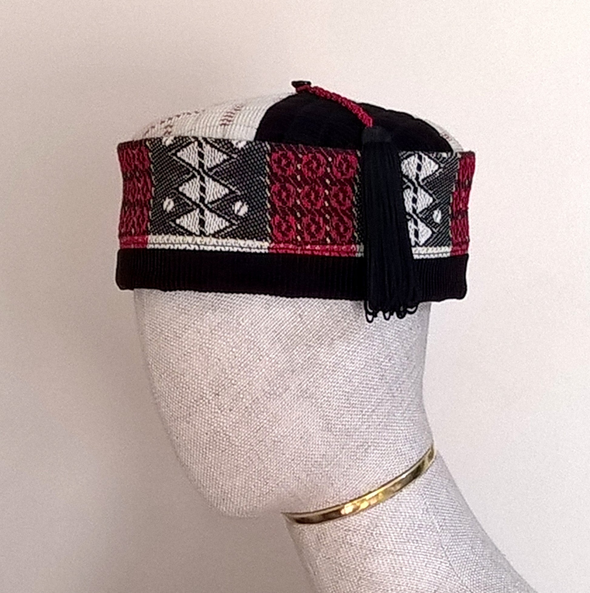 Aztec patterned smoking cap with macrame tassel