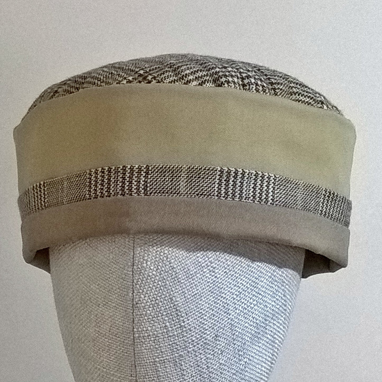 All natural fibre smoking cap handmade in tweed, mustard and taupe