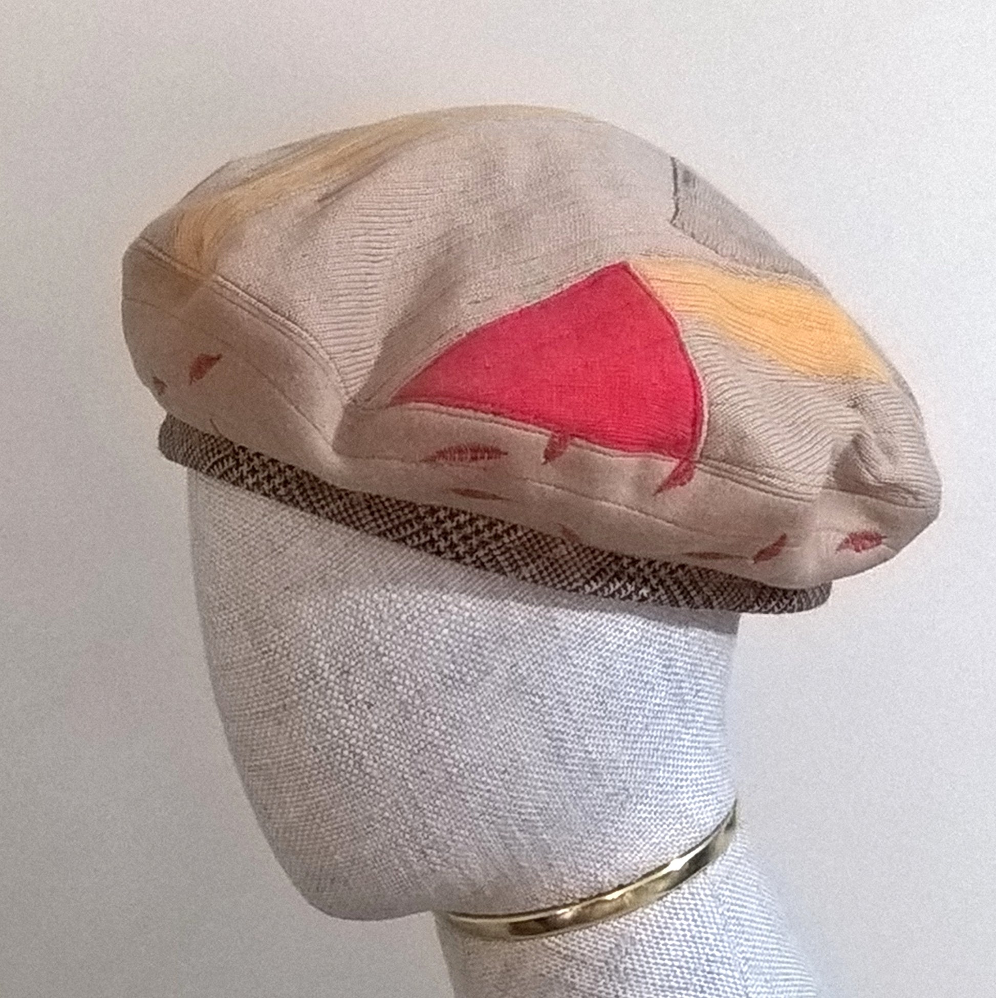 Fawn beret with colour splashes of red and yellow, handmade from upcycled cashmere