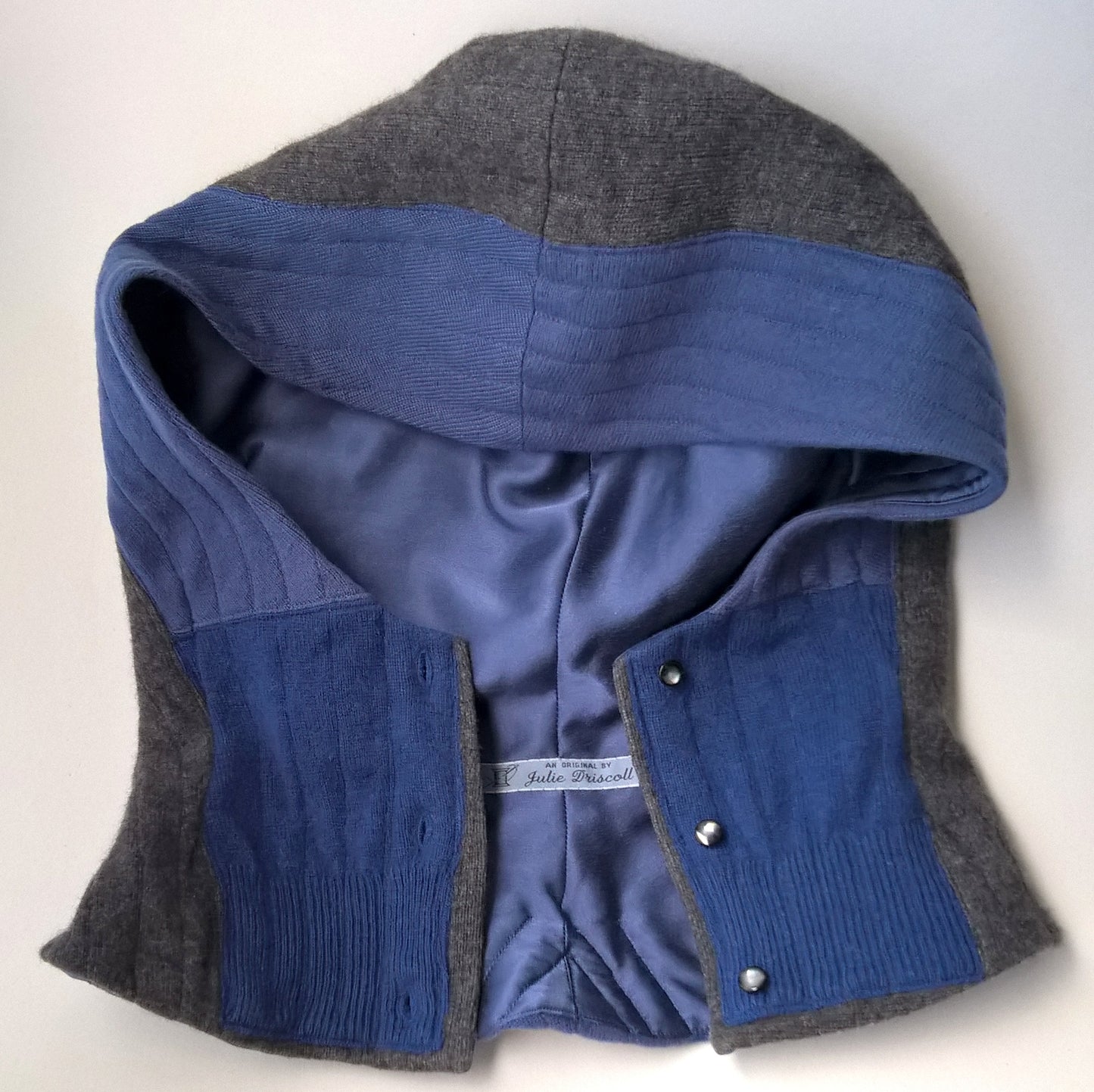 Neck warmer with attached hood handmade from upcycled cashmere in blues and charcoal grey