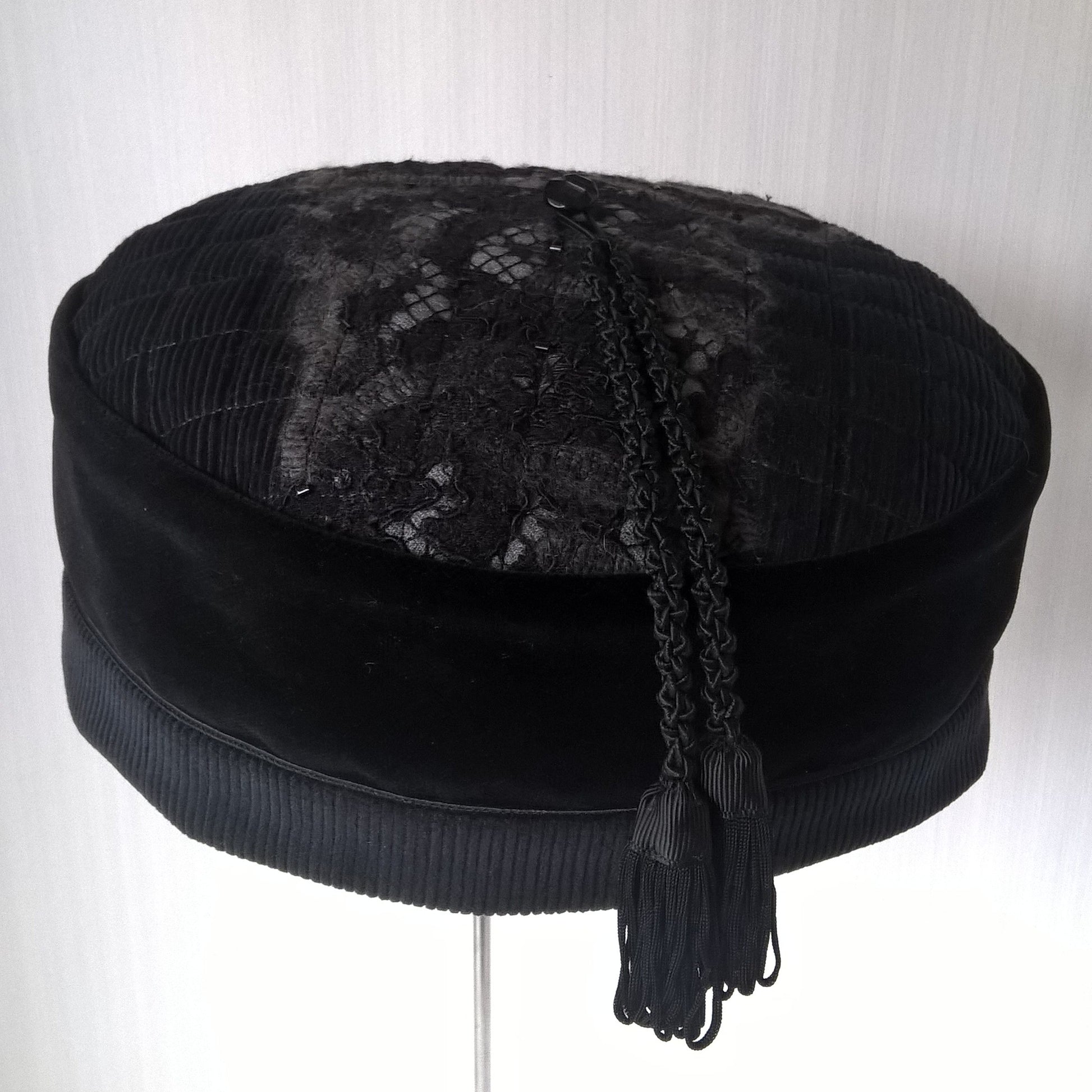 Gothic velvet brimless cap with nuno felted tip and macrame tassel