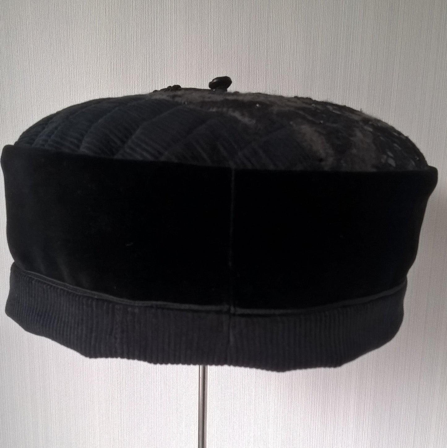 Velvet and corduroy pillbox hat back view