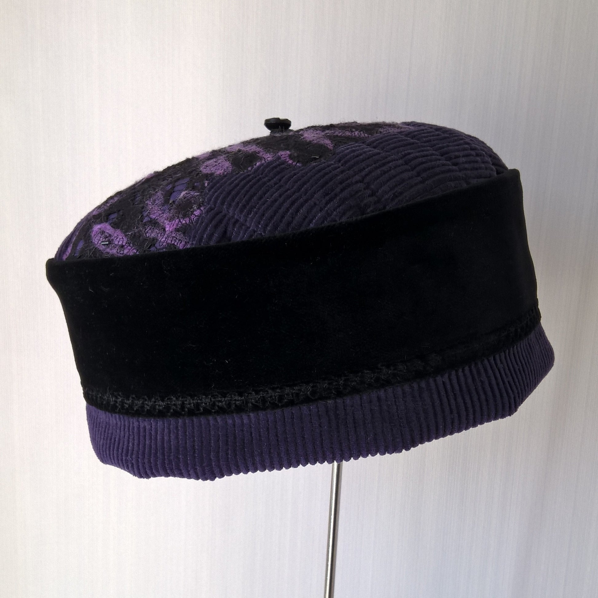 Velvet and corduroy pillbox hat with vintage button and removable tassel