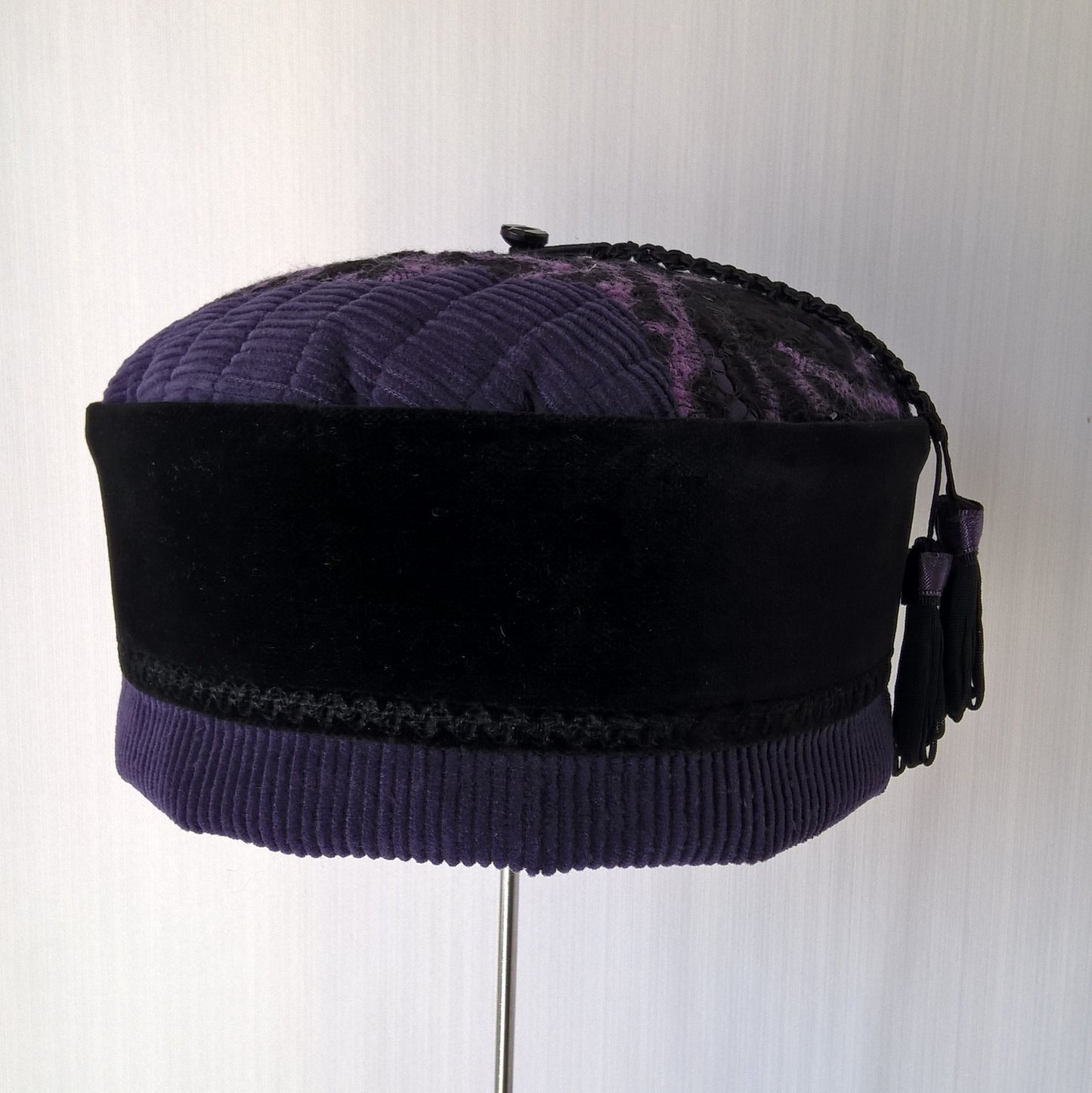 Velvet and corduroy Gothic style pillbox hat, handmade in purple and black with removable macrame tassel
