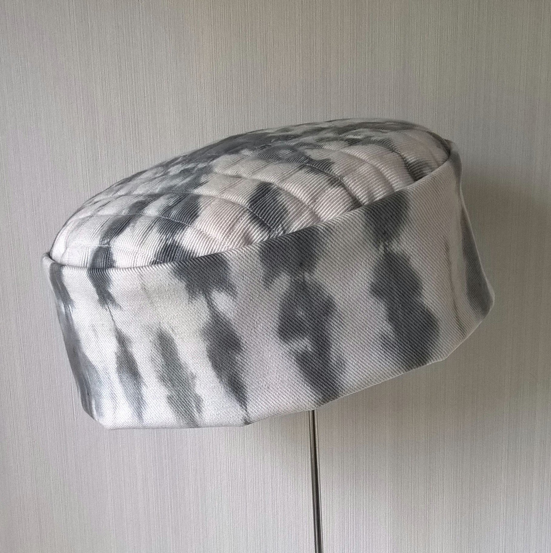 White and black tie dyed pillbox hat