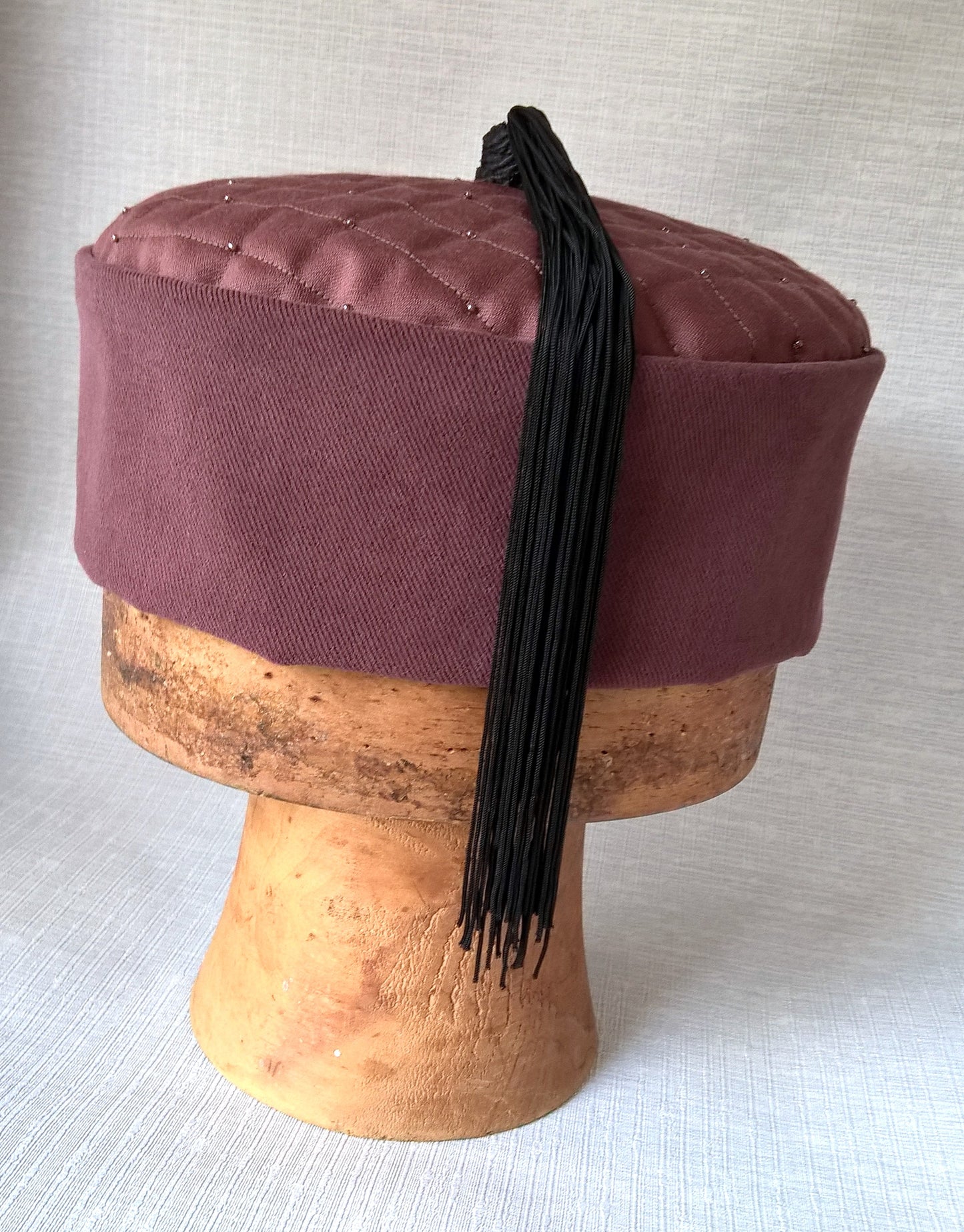 Maroon smoking cap handmade with black tassel from vintage fringing