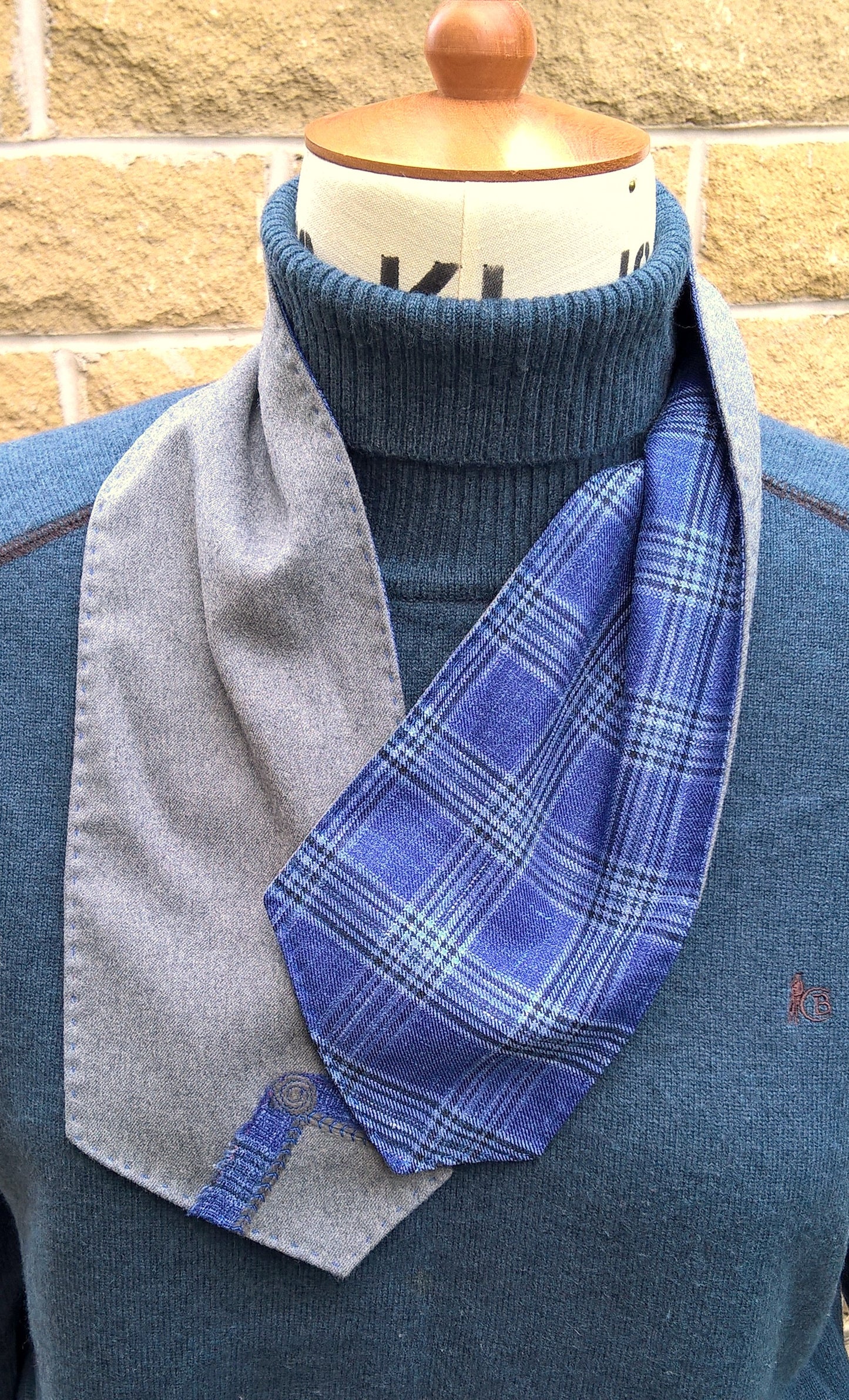 Blue & grey wool scarf with felted detail