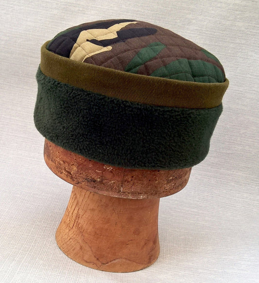 Camouflage Fleece Winter Skullcap, Quilted Green Pillbox Hat
