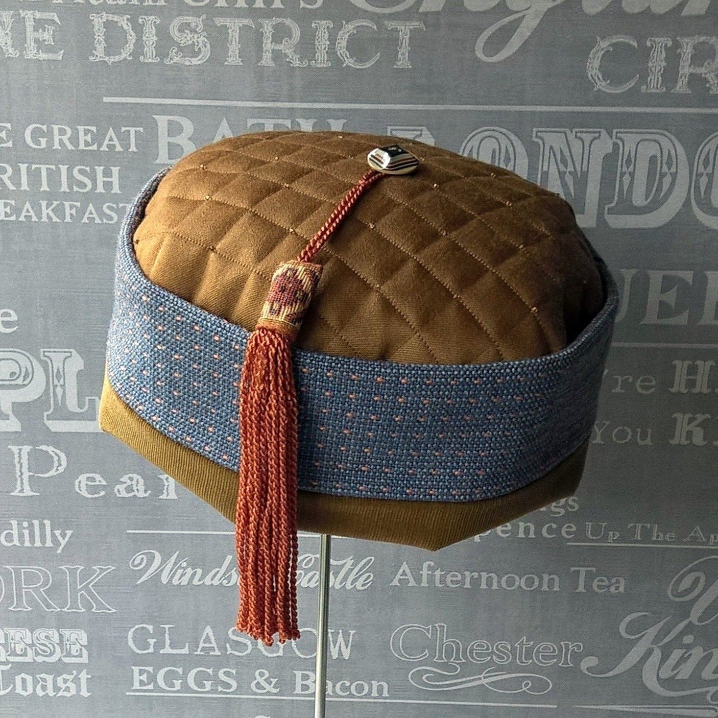 Ethnic smoking cap in blue and brown with braid tassel by TwiLd Capit Hog