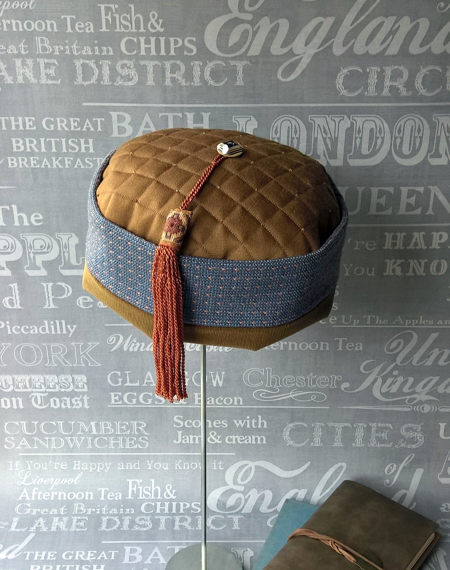 Ethnic Smoking Cap in blue brown with braid tassel