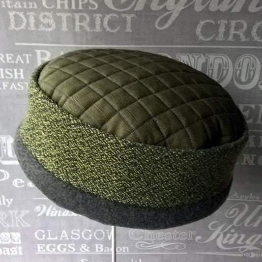 Green ethnic pillbox hat with winter fleece lining by TwiLd Capit Hog
