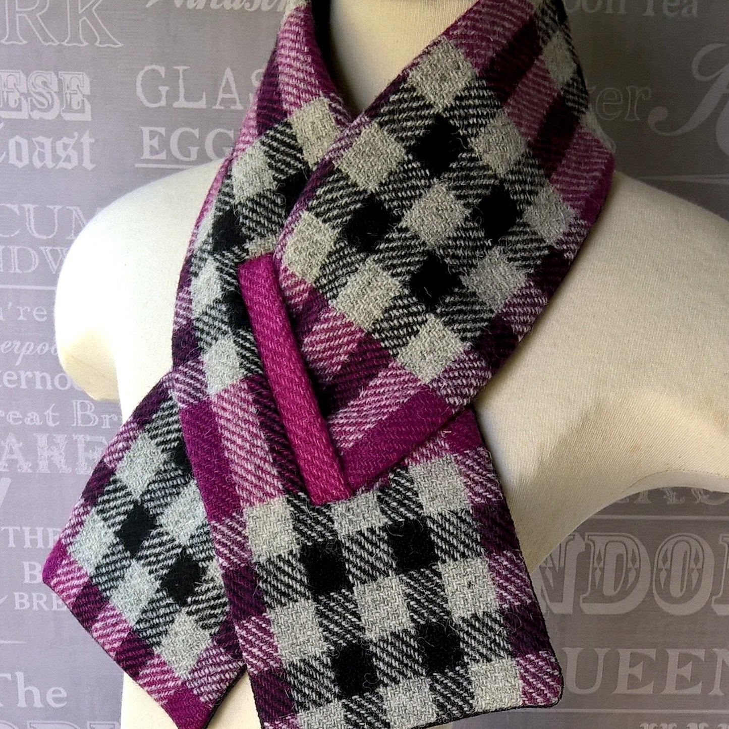 Harris Tweed purple check wool and cotton  knit keyhole scarf by TwiLd Capit Hog